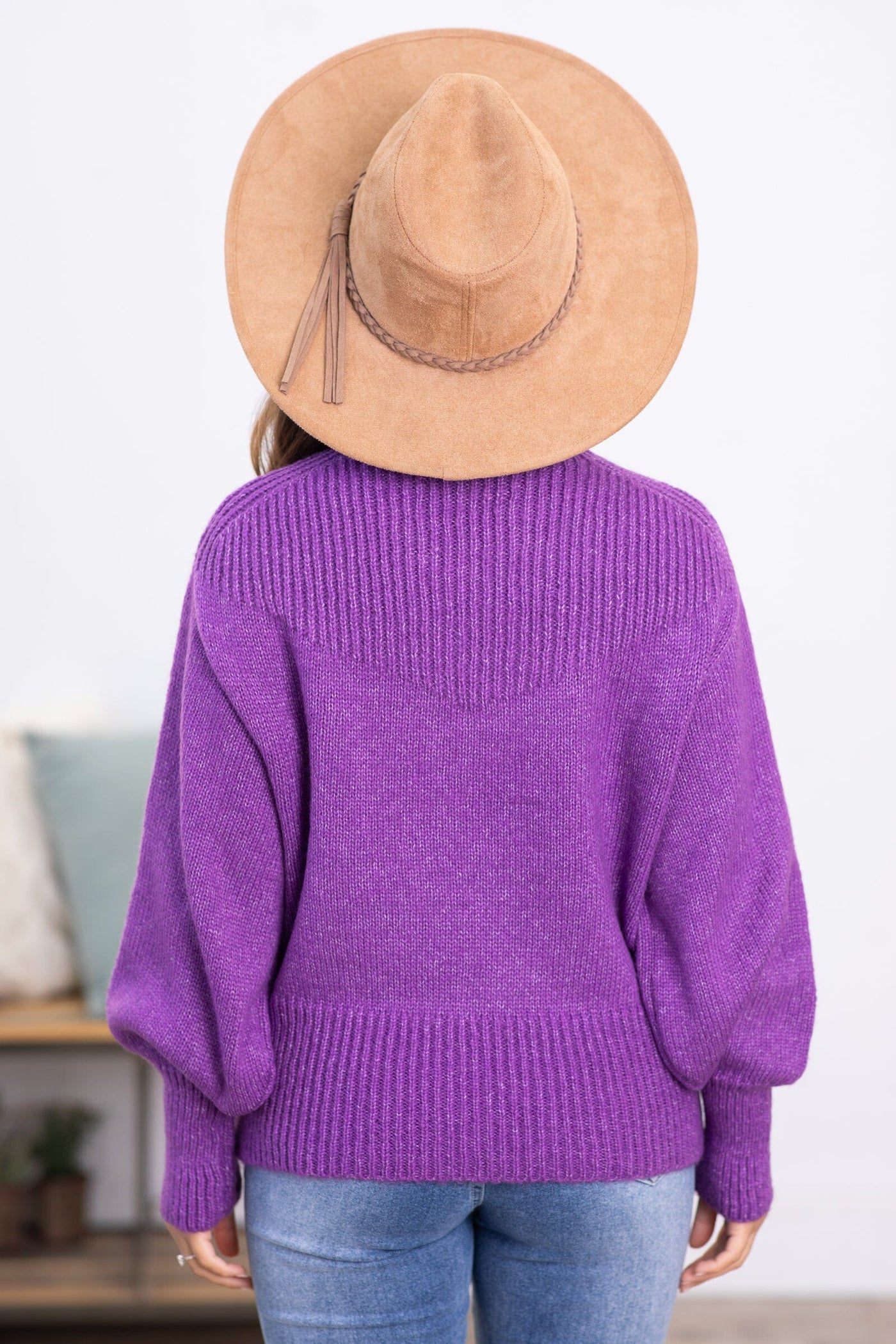 Purple Balloon Sleeve Mock Neck Sweater - Filly Flair