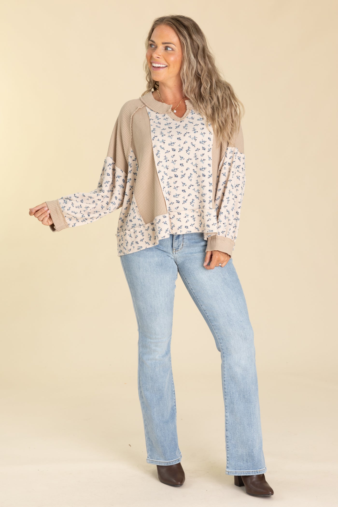 Taupe And Blue Floral Waffle Knit Top