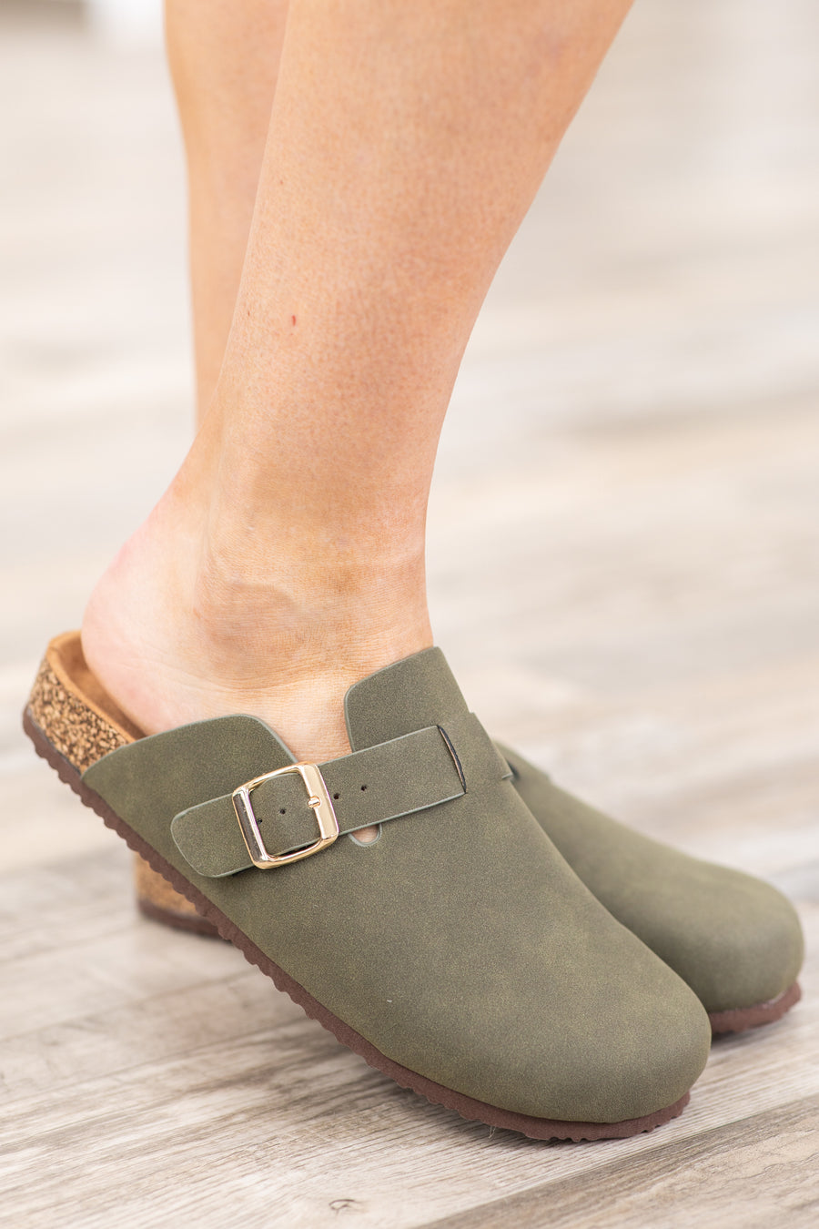 Olive Round Clog Slide With Buckle