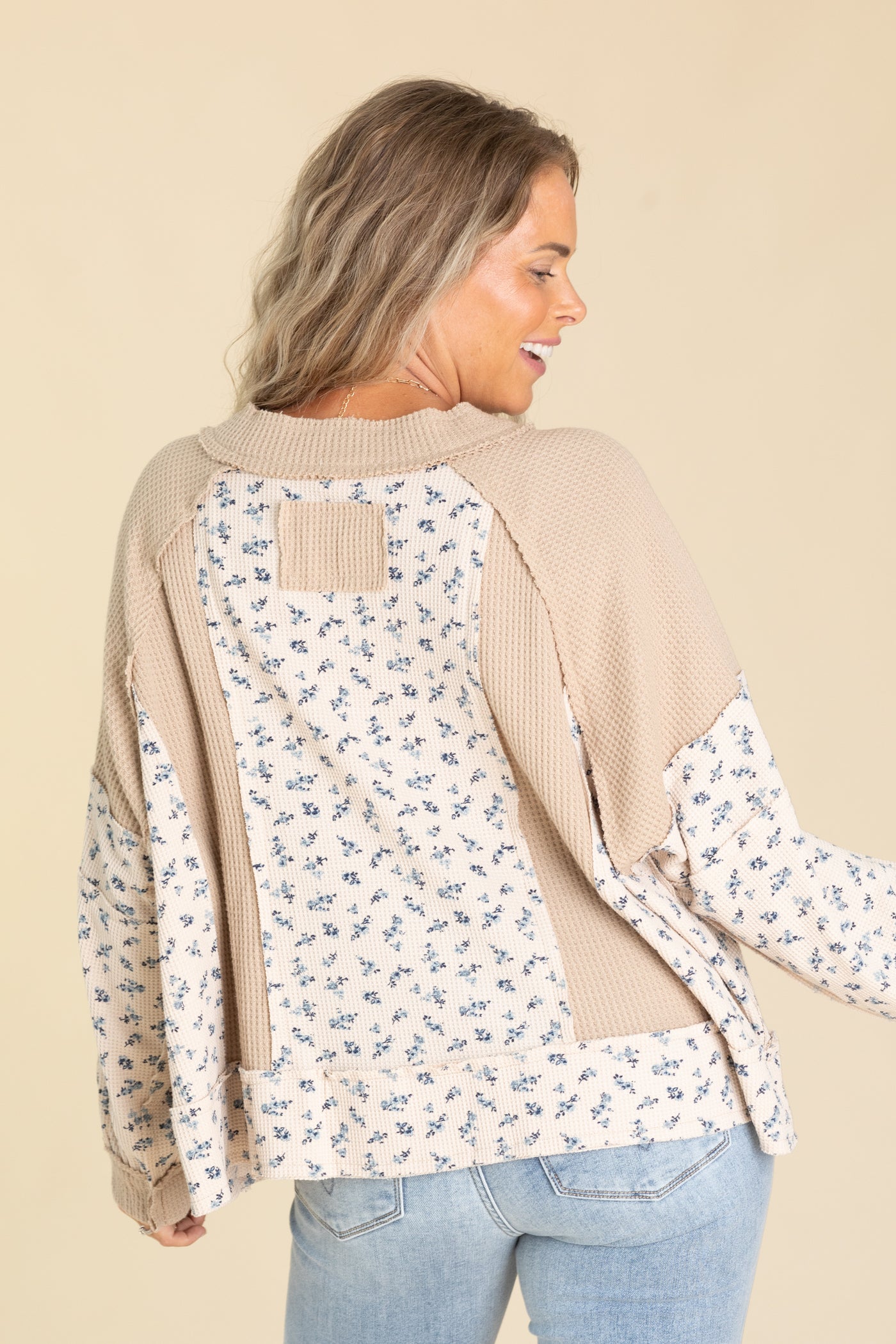 Taupe And Blue Floral Waffle Knit Top