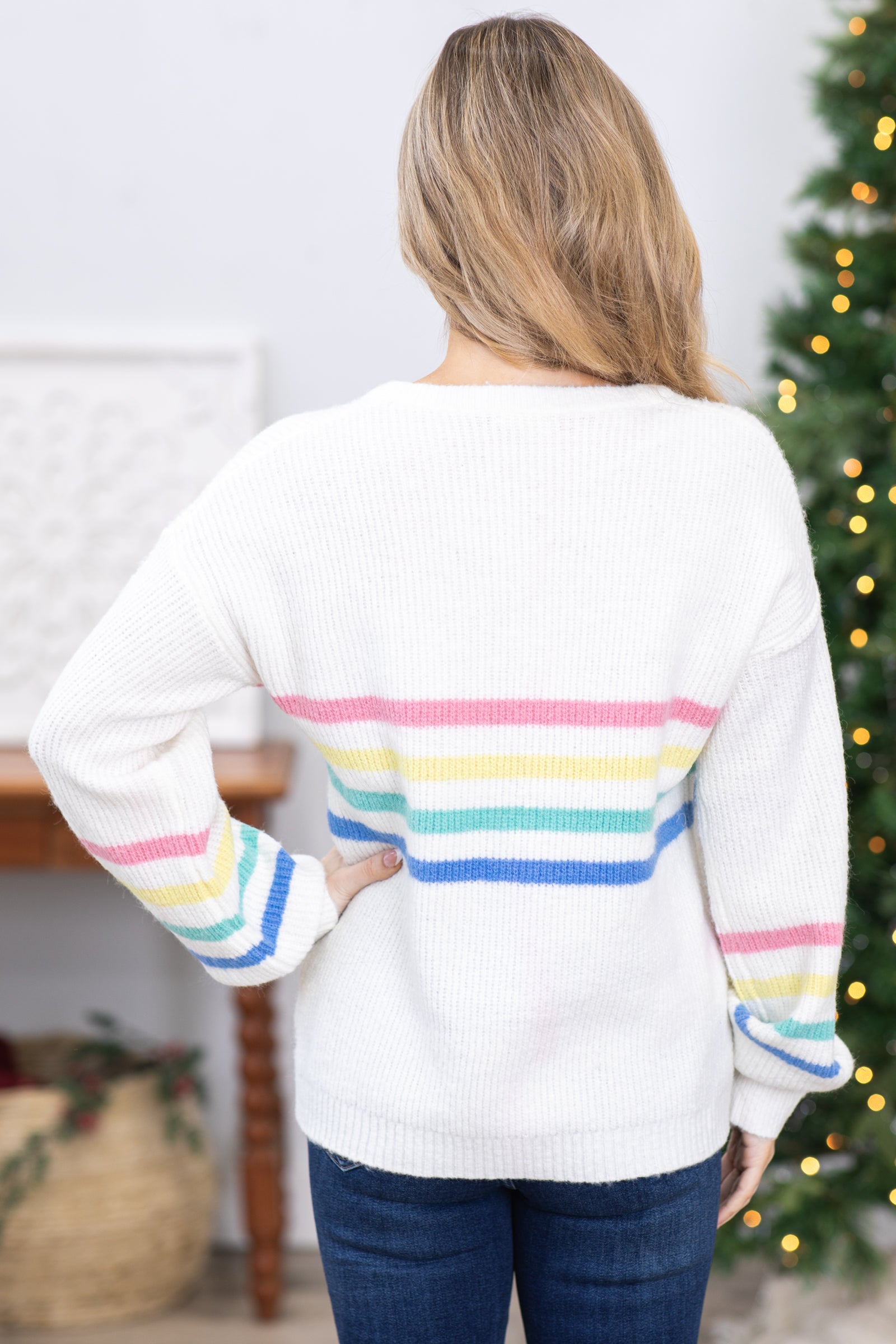 White V-Neck Multi Stripe Sweater
