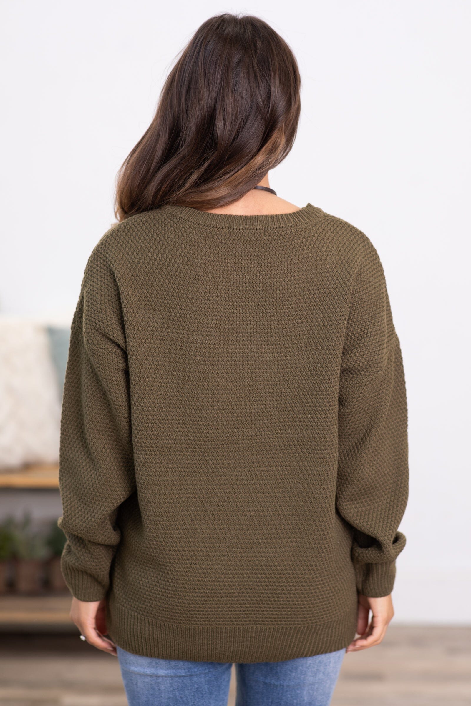 Olive Ribbed Trim Round Neck Basic Sweater - Filly Flair