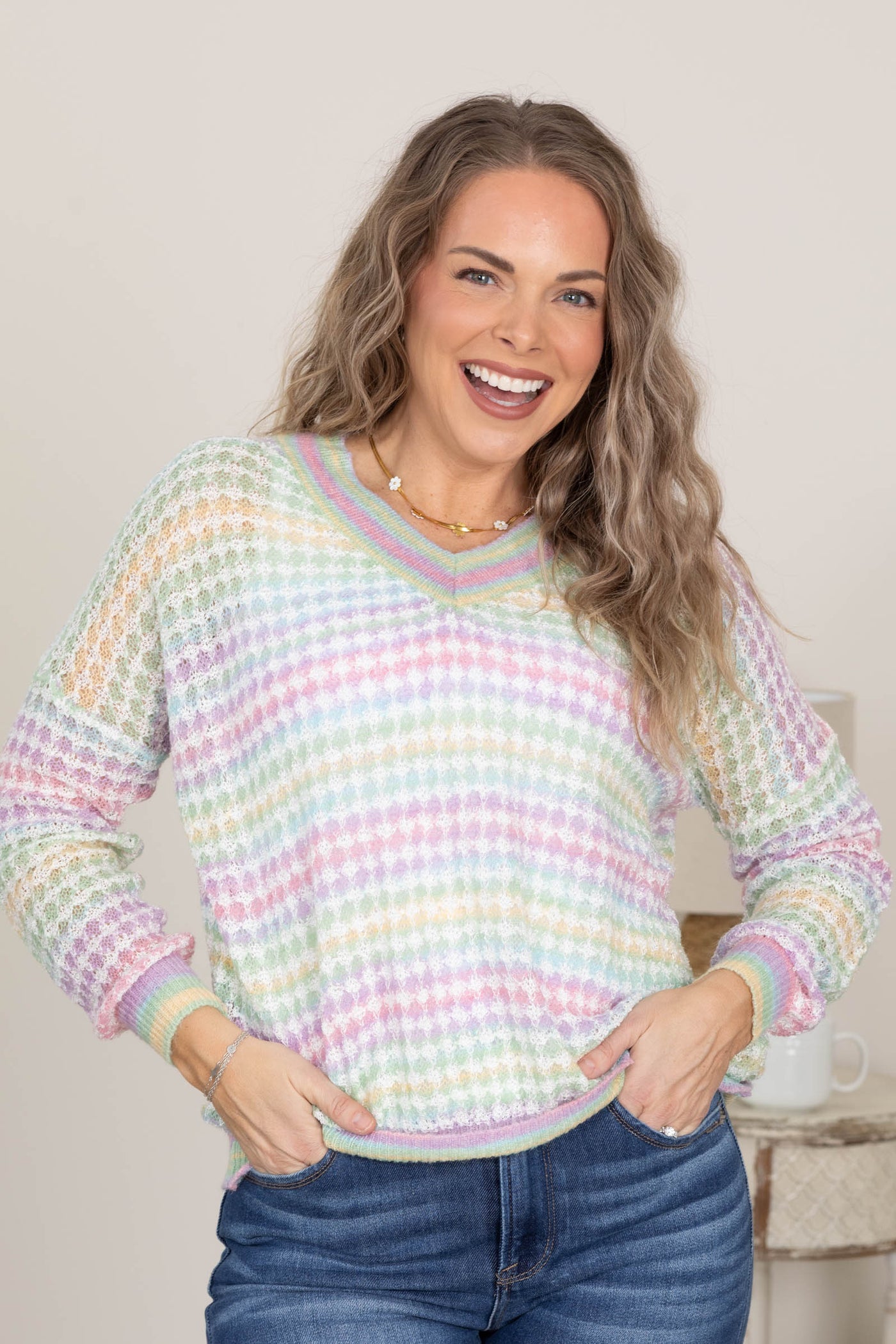 Pastel Multicolor Open Knit V-Neck Sweater Top