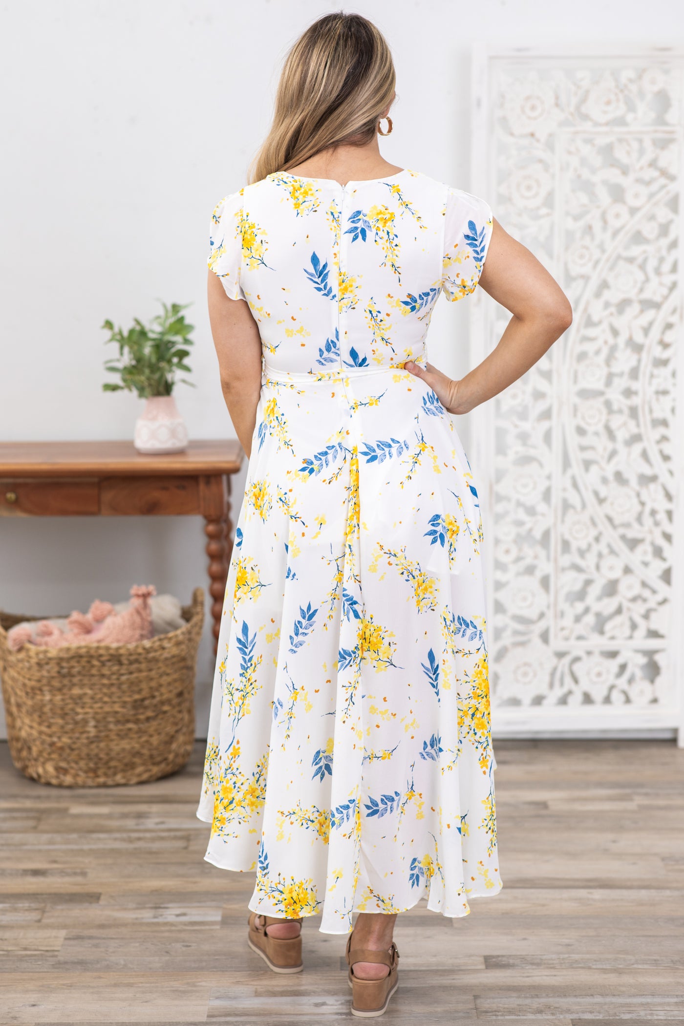 White and Yellow Floral High Low Maxi Dress