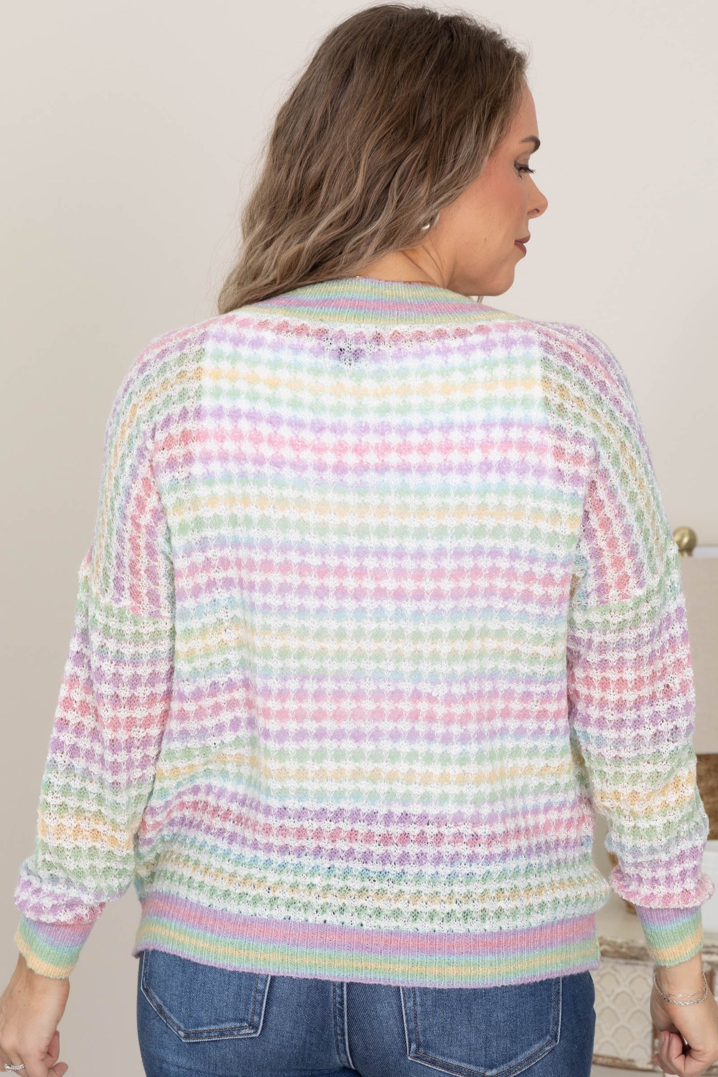 Pastel Multicolor Open Knit V-Neck Sweater Top