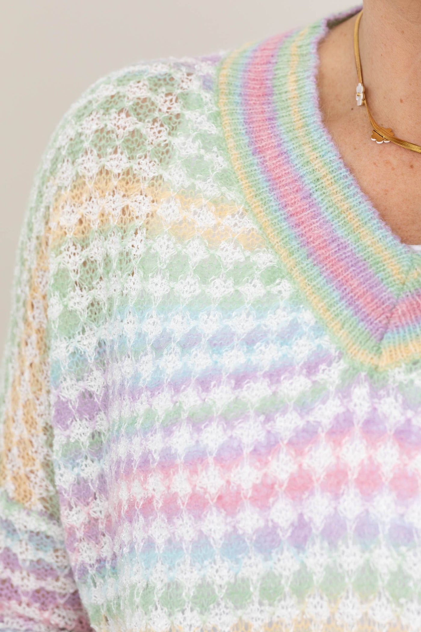 Pastel Multicolor Open Knit V-Neck Sweater Top