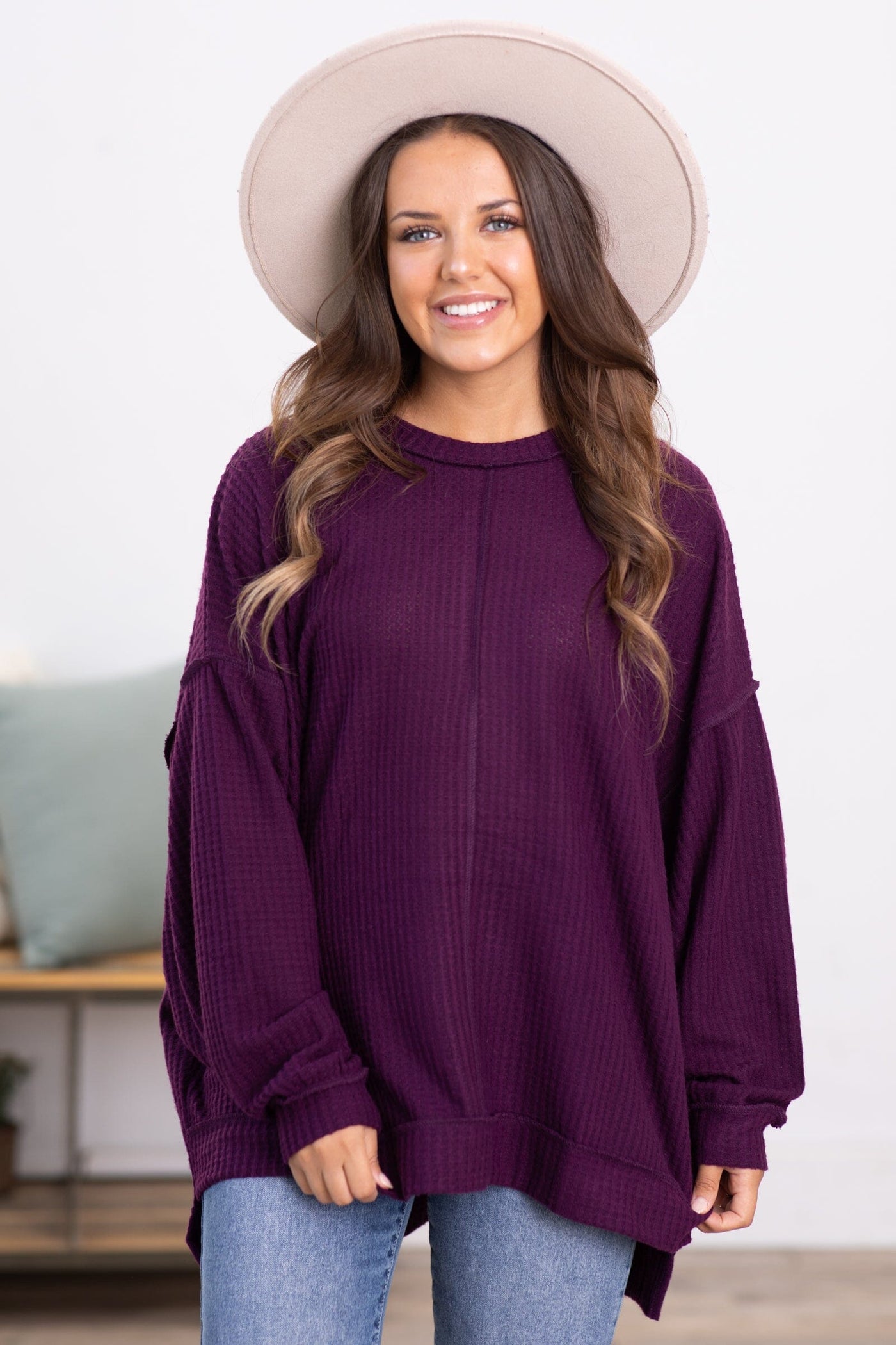 Berry Waffle Knit Sweater With Seam Detail - Filly Flair