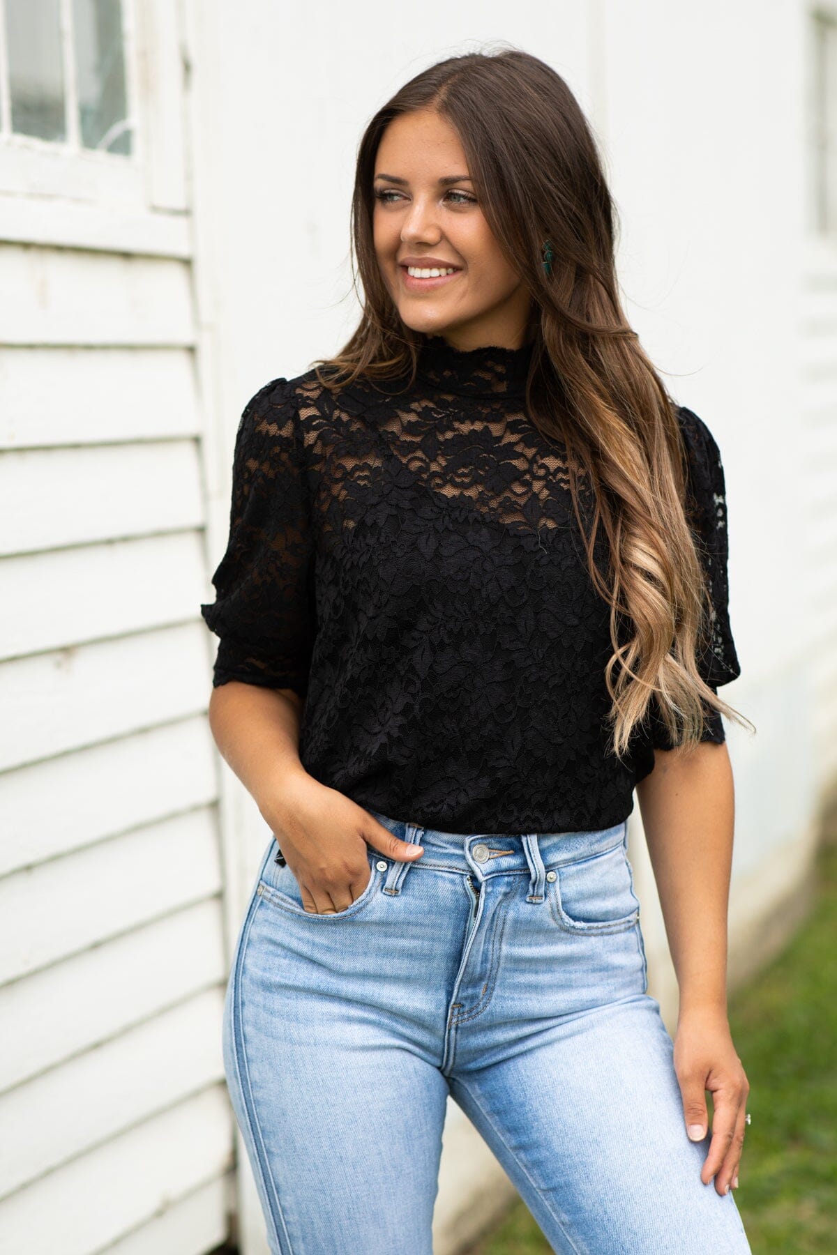 Black Lace Balloon Sleeve Mock Neck Top - Filly Flair