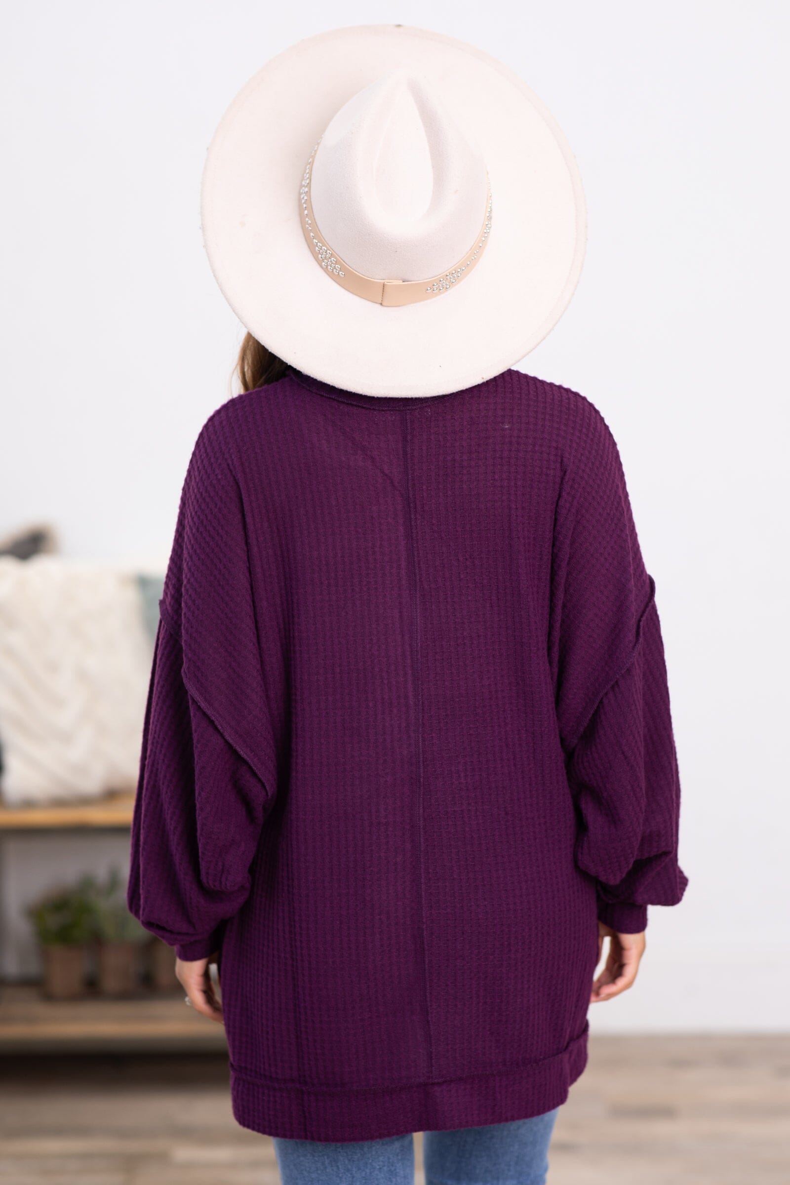 Berry Waffle Knit Sweater With Seam Detail - Filly Flair