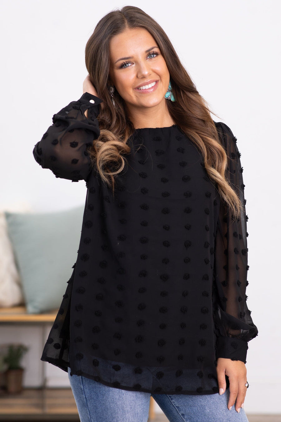 Black Swiss Dot Long Sleeve Top - Filly Flair