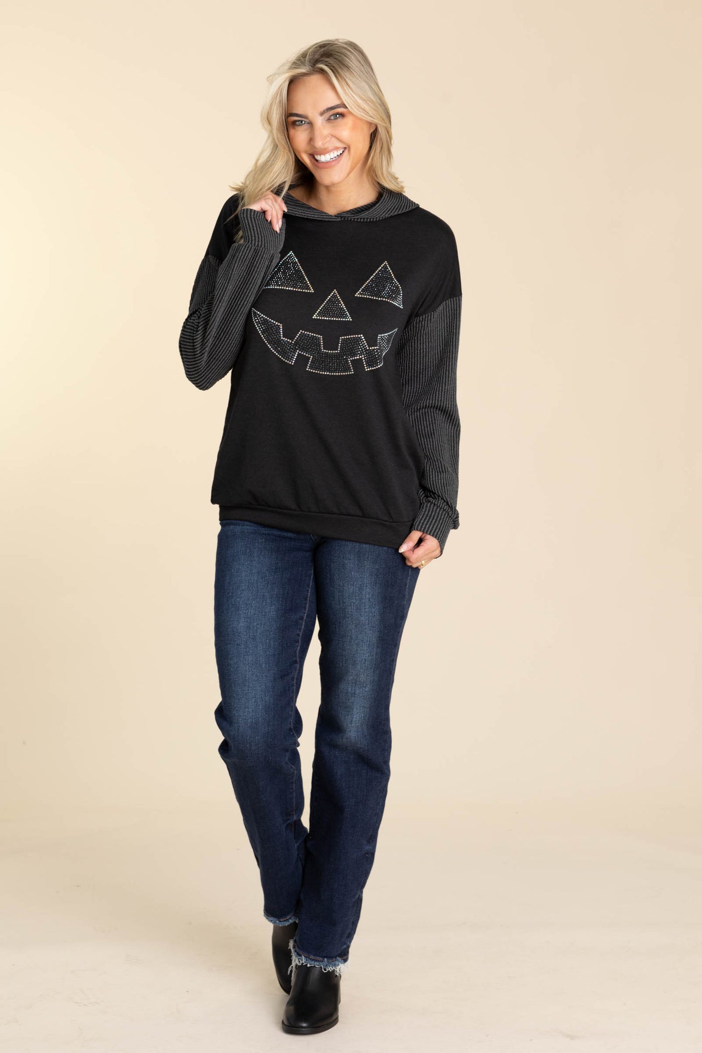 Black Halloween Rhinestone Rib Hoodie Knit Top