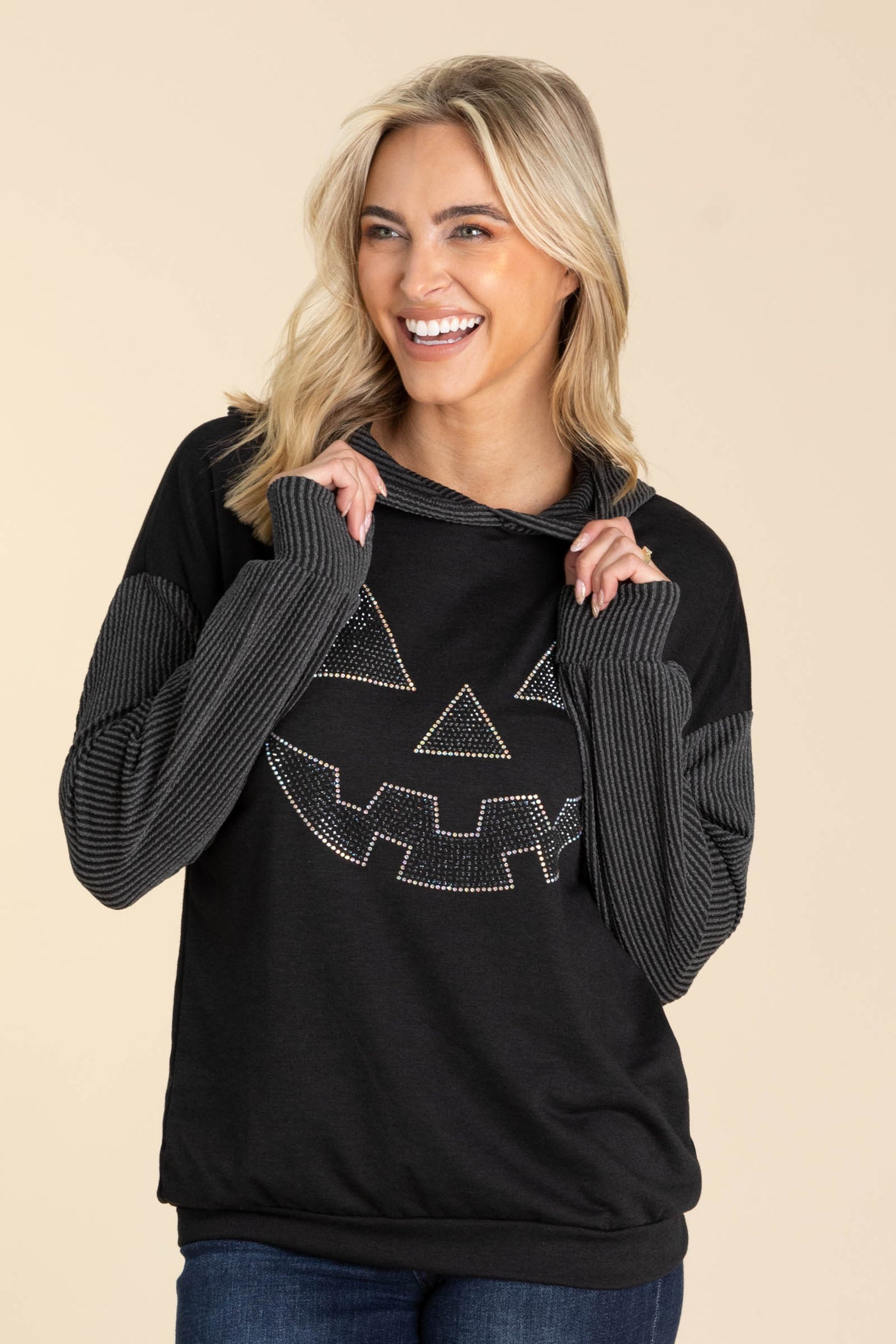 Black Halloween Rhinestone Rib Hoodie Knit Top