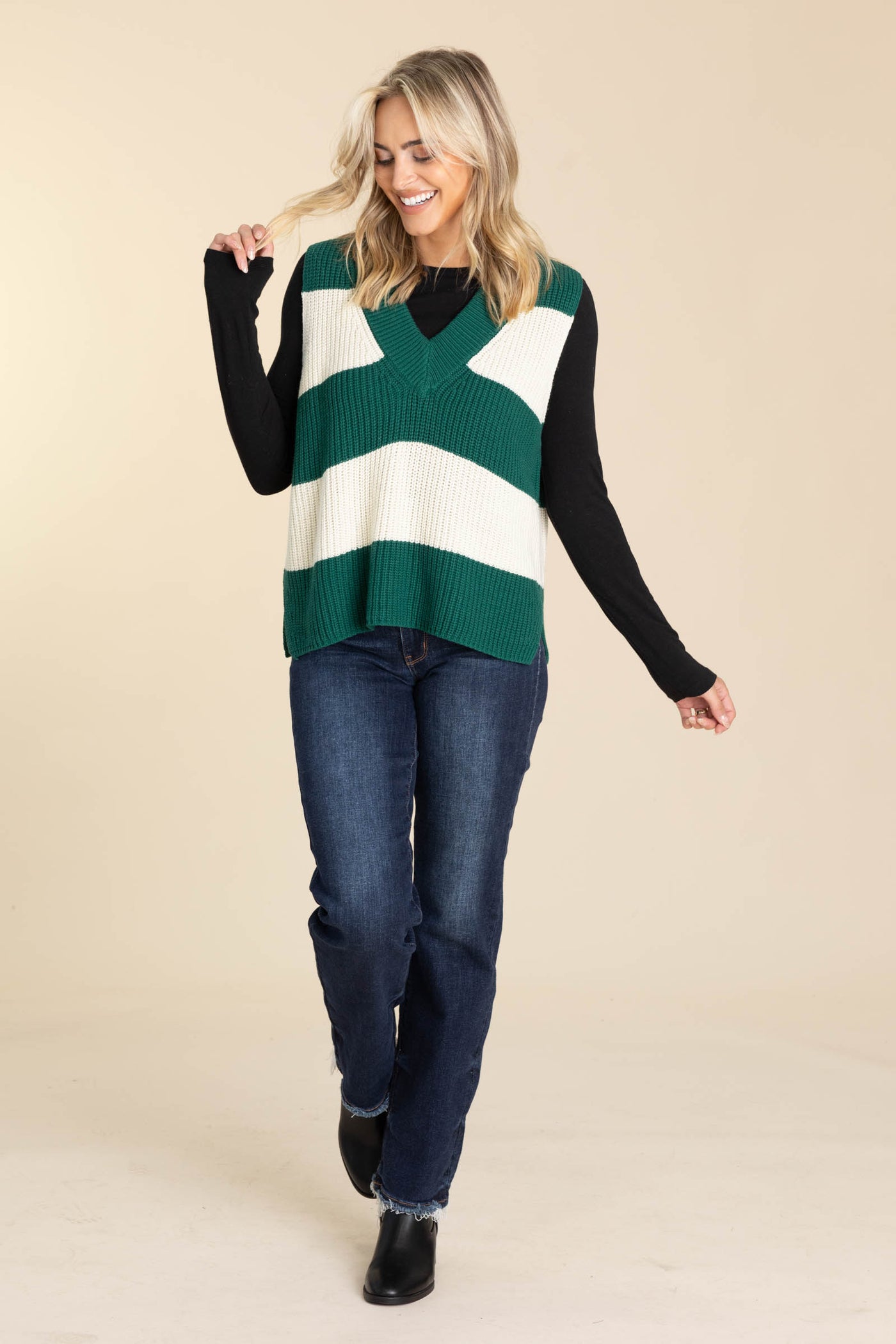 Green And Ivory Striped V-Neck Sweater Vest