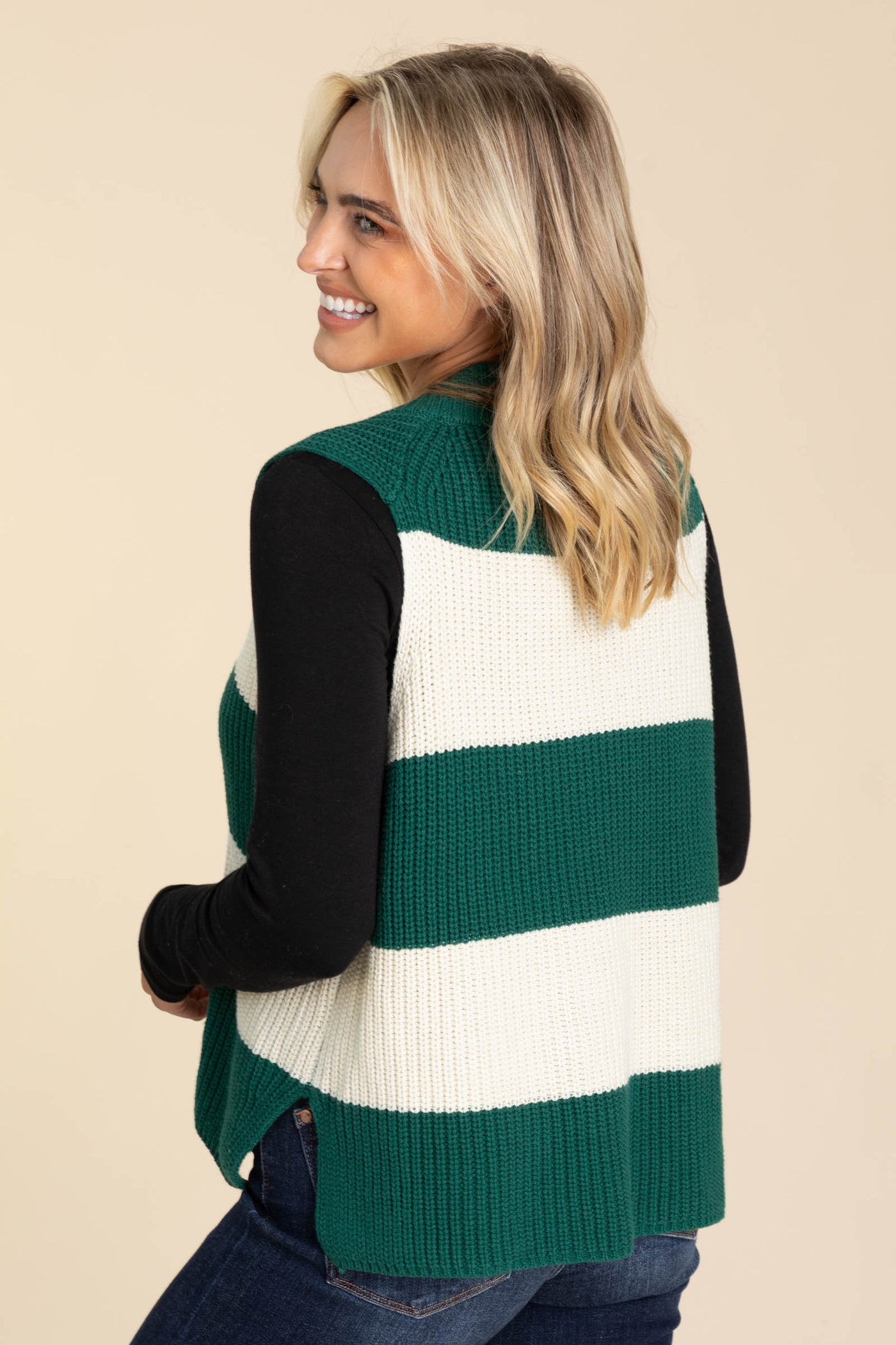 Green And Ivory Striped V-Neck Sweater Vest