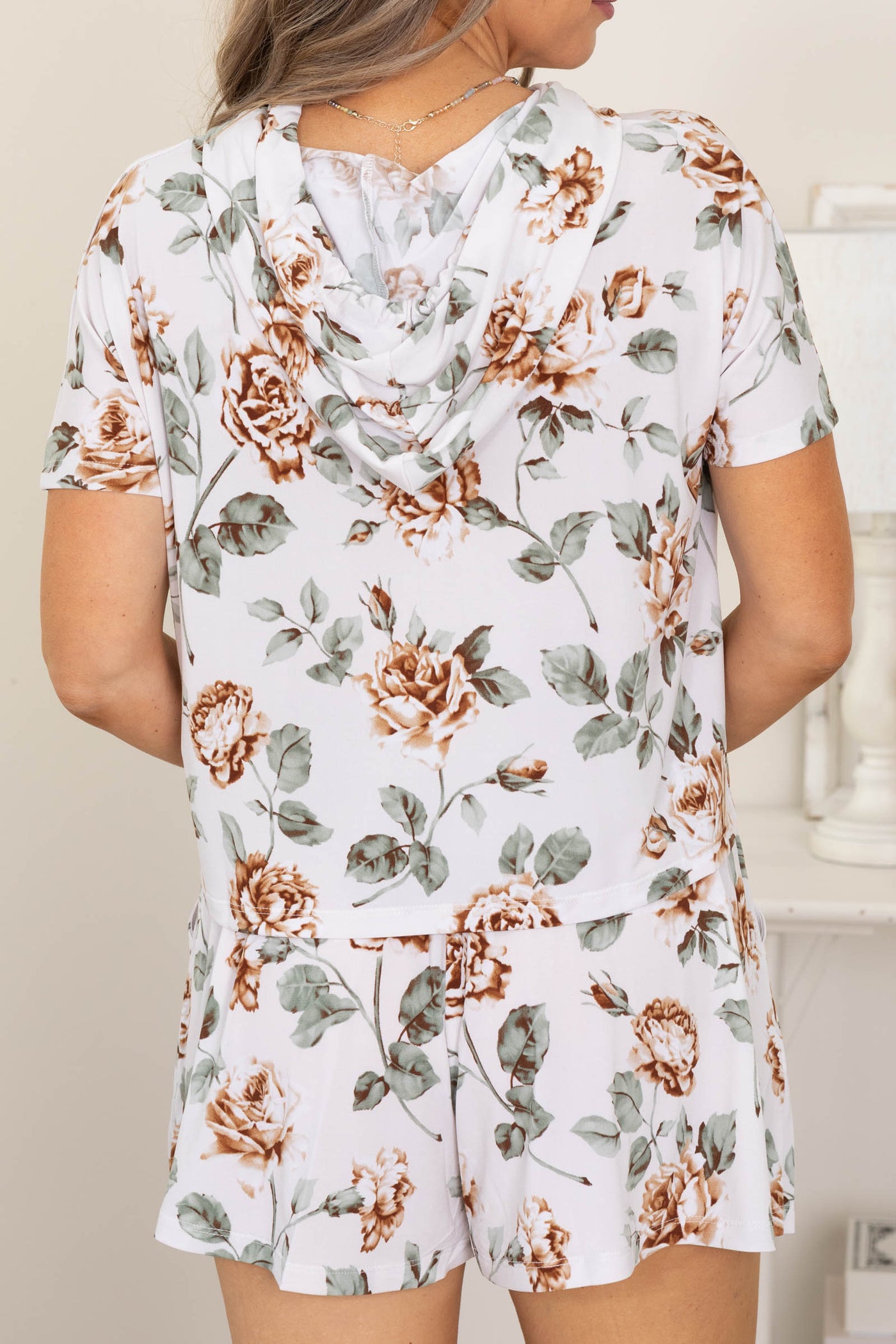 Off White Floral Print Hoodie Top & Shorts Set