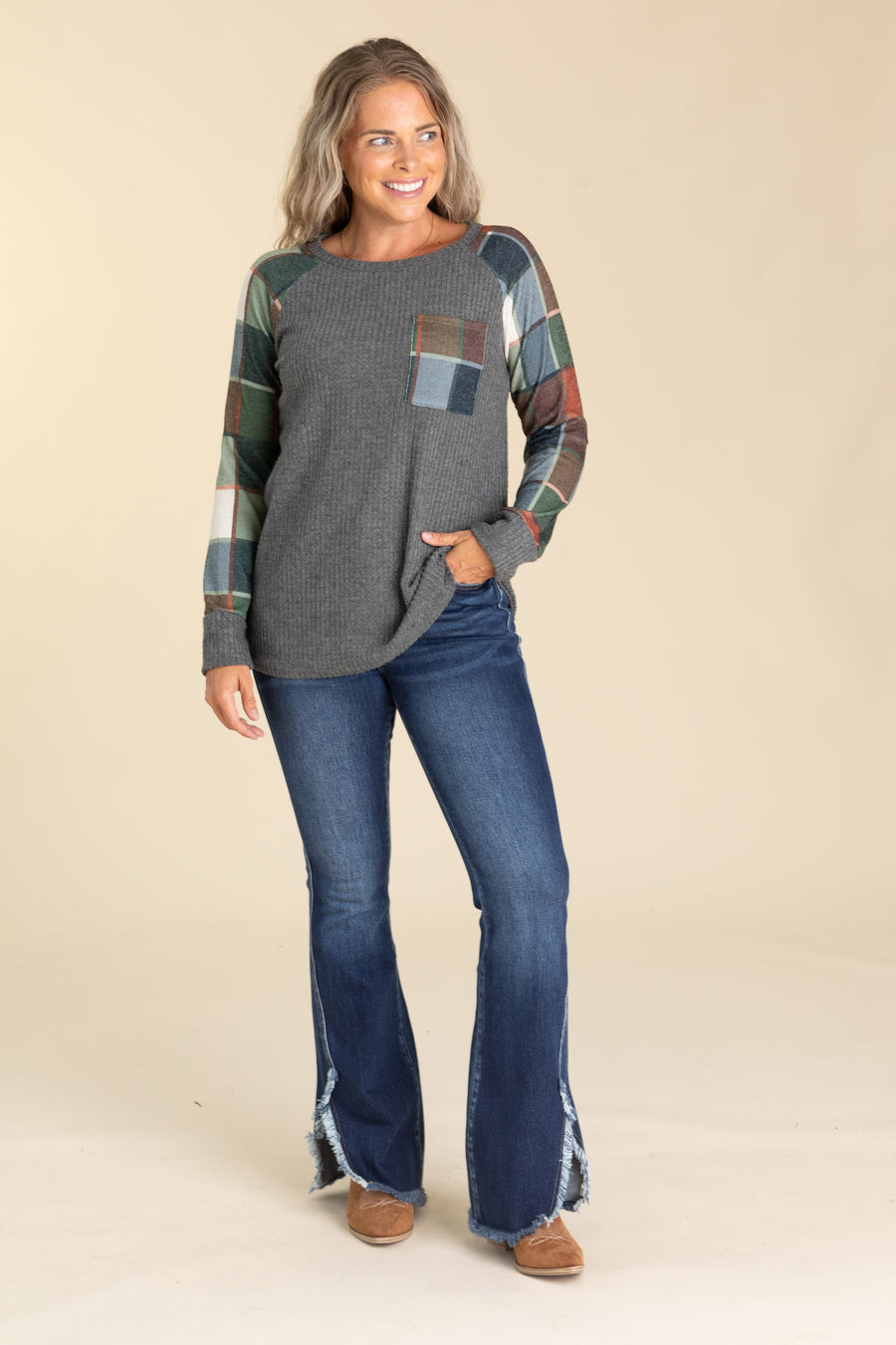 Charcoal Waffle And Plaid Knit Top With Pocket