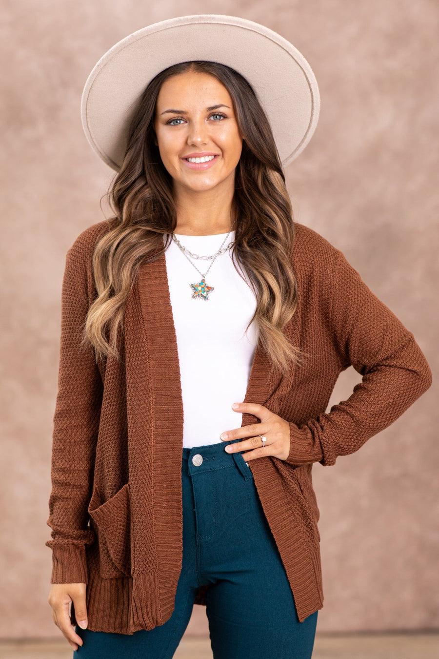 Brown Waffle Knit Cardigan With Rib Trim - Filly Flair