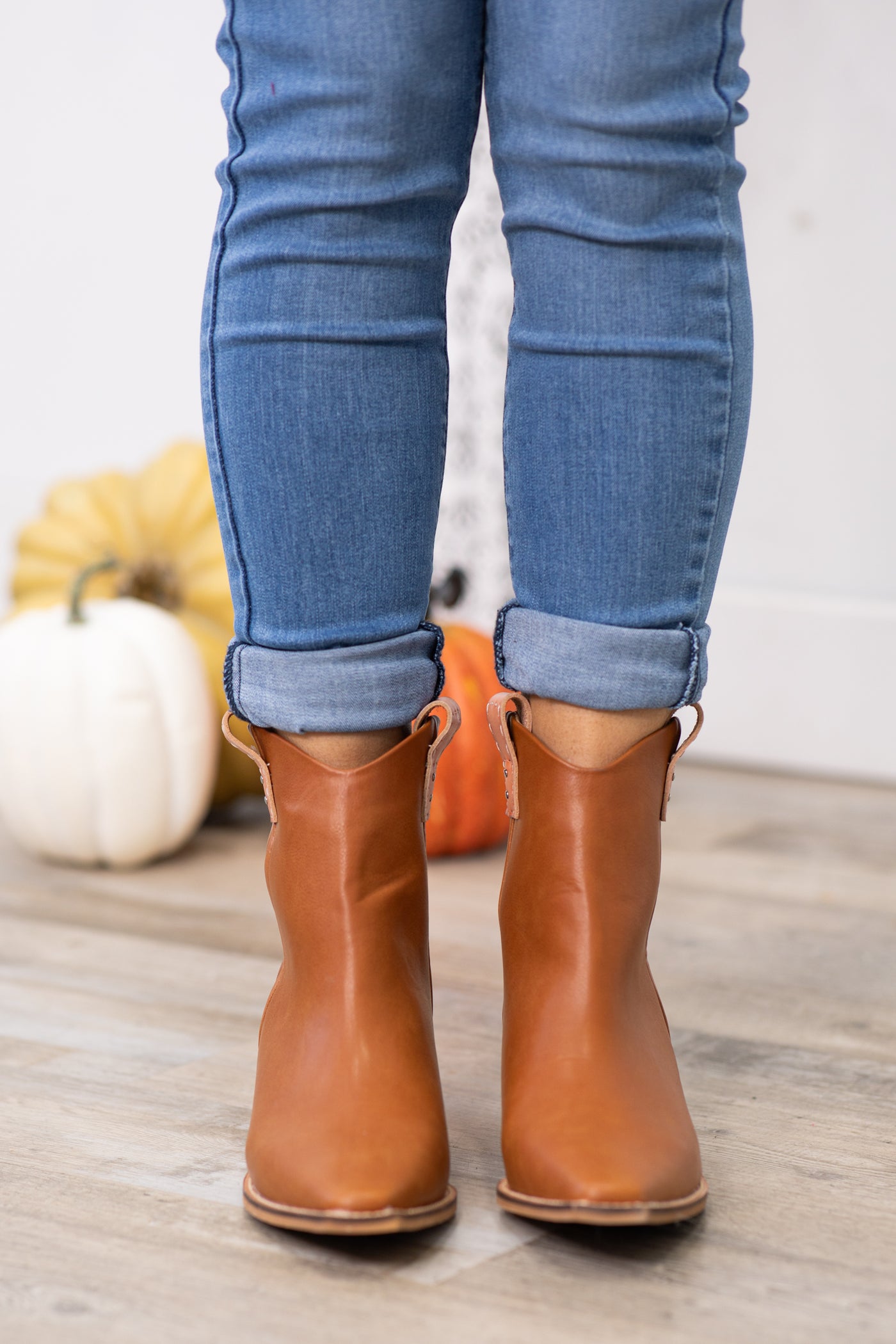Cognac Point Toe Booties With Contrast Trim