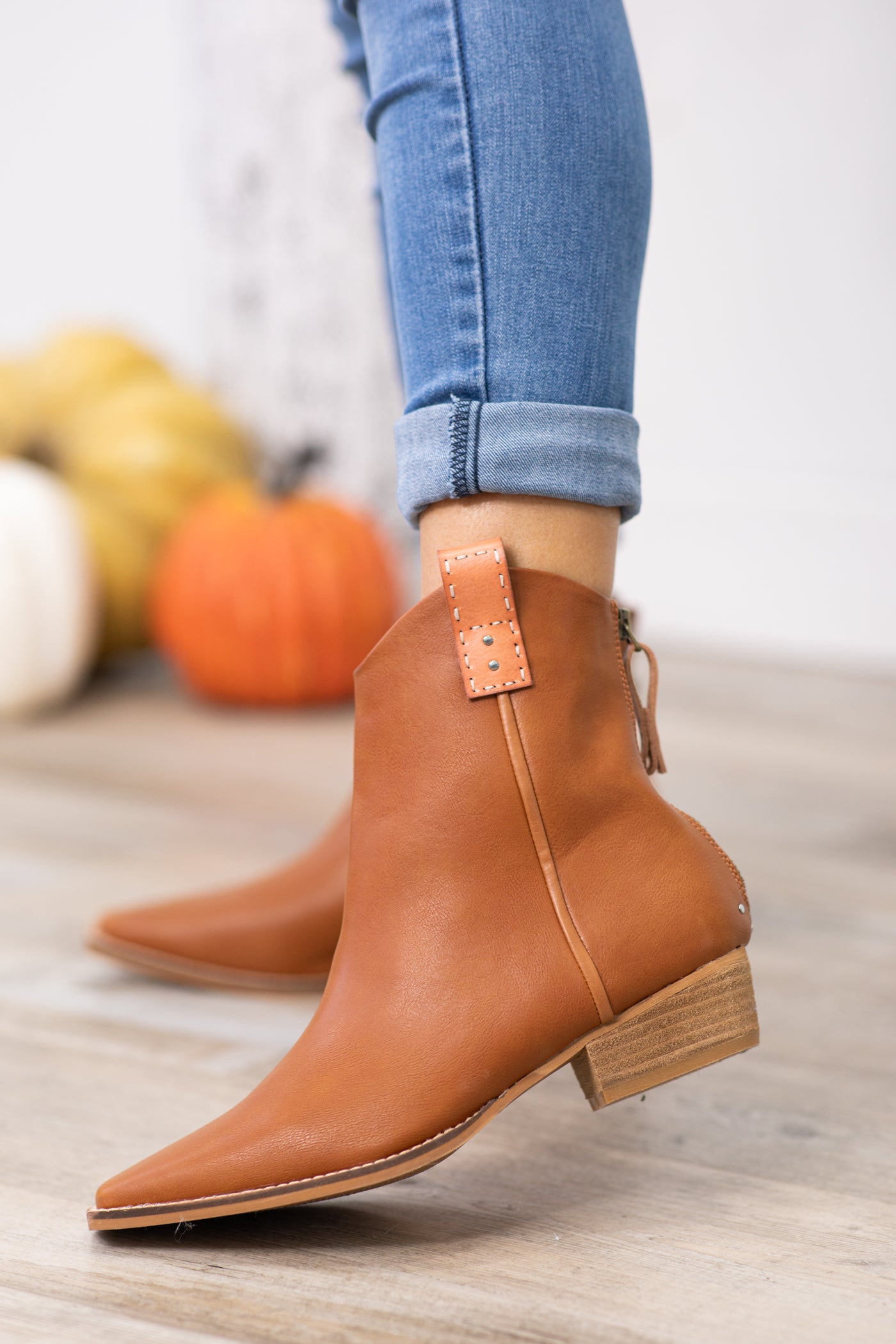 Cognac Point Toe Booties With Contrast Trim