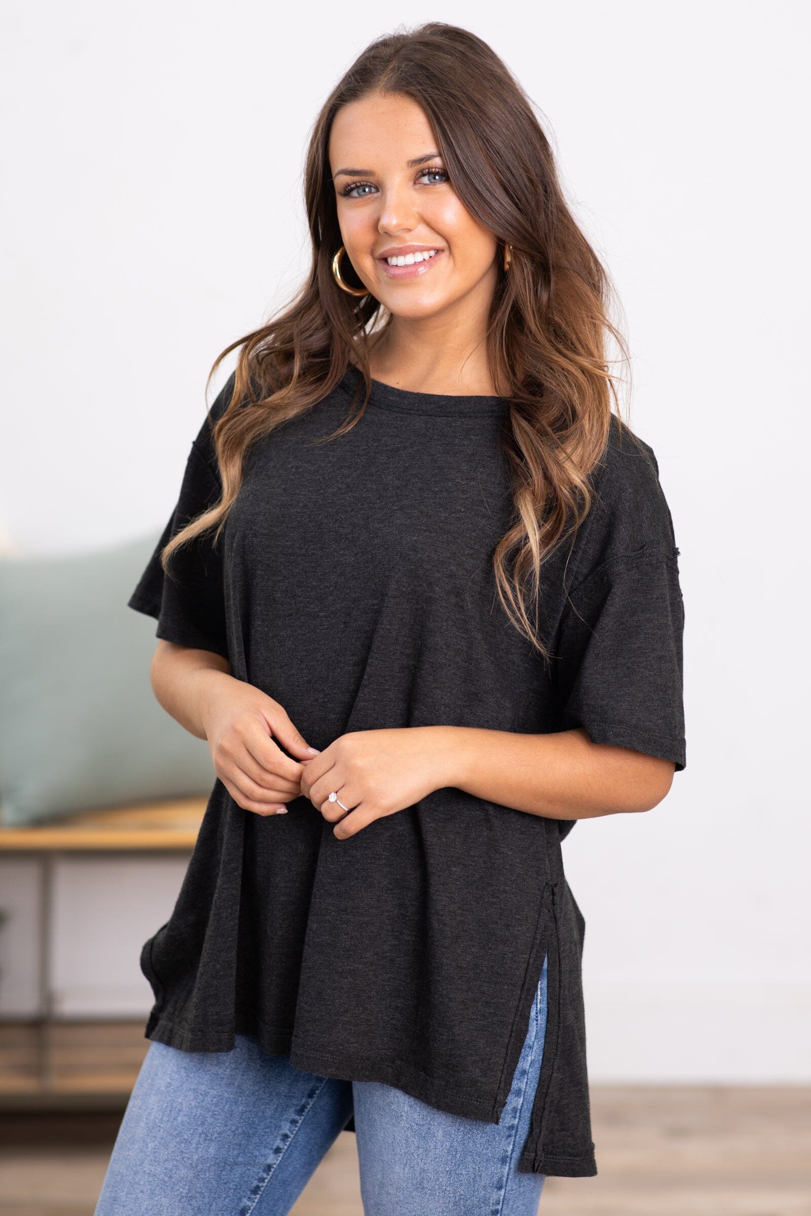 Charcoal Washed Top With Side Slits - Filly Flair