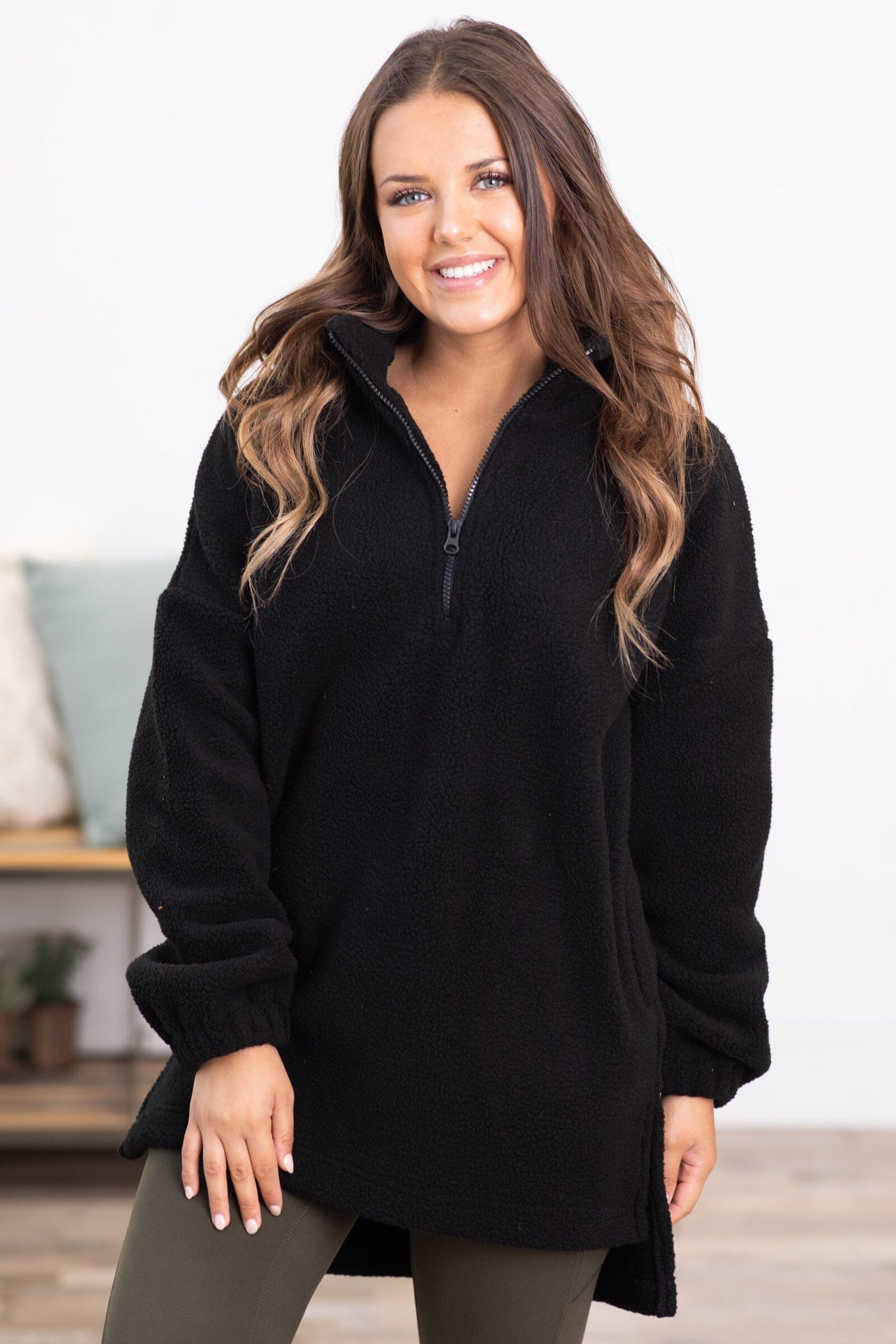 Black 1/4 Zip Sherpa Pullover - Filly Flair