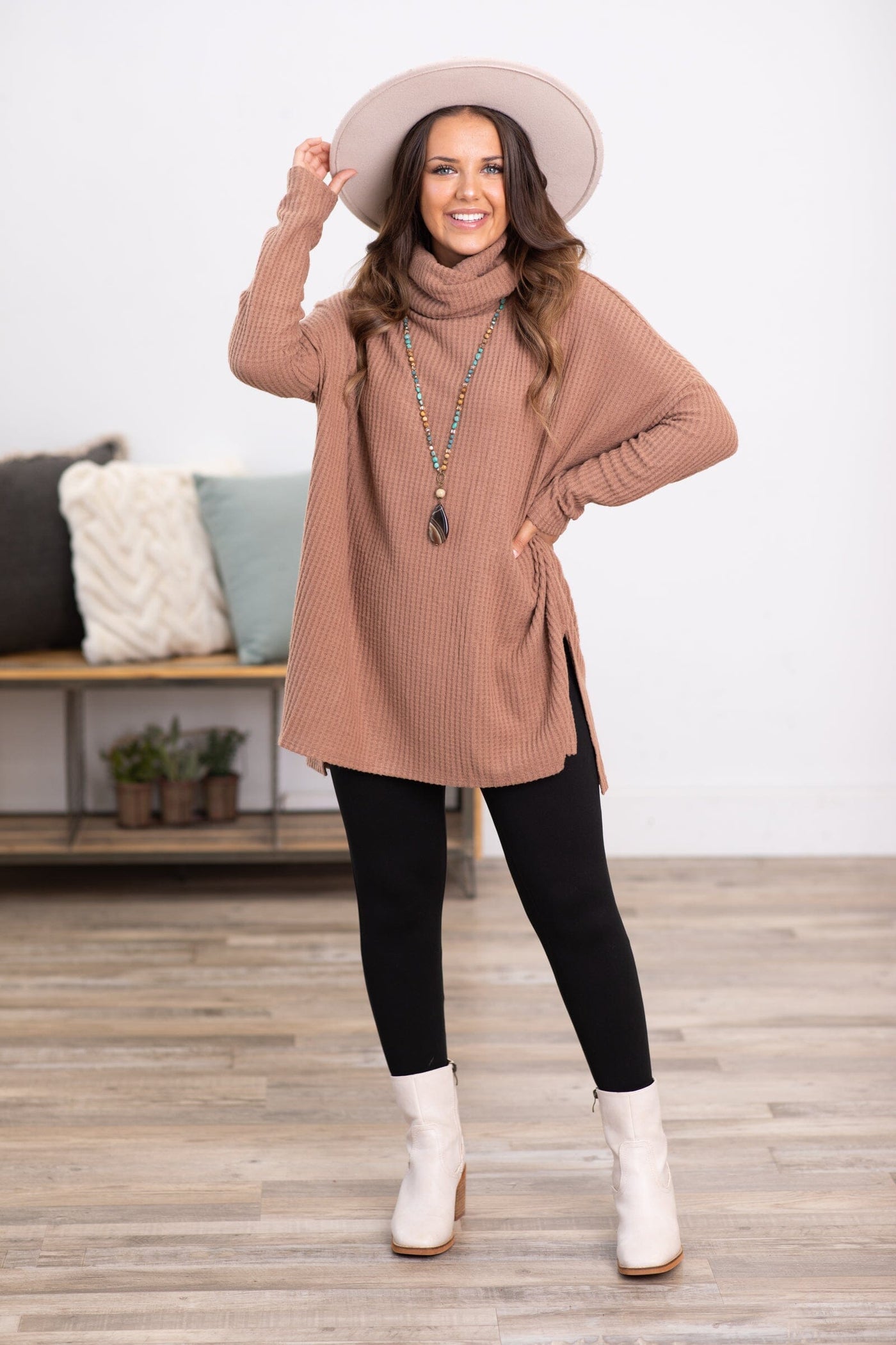 Tan Waffle Knit Cowl Neck Top - Filly Flair
