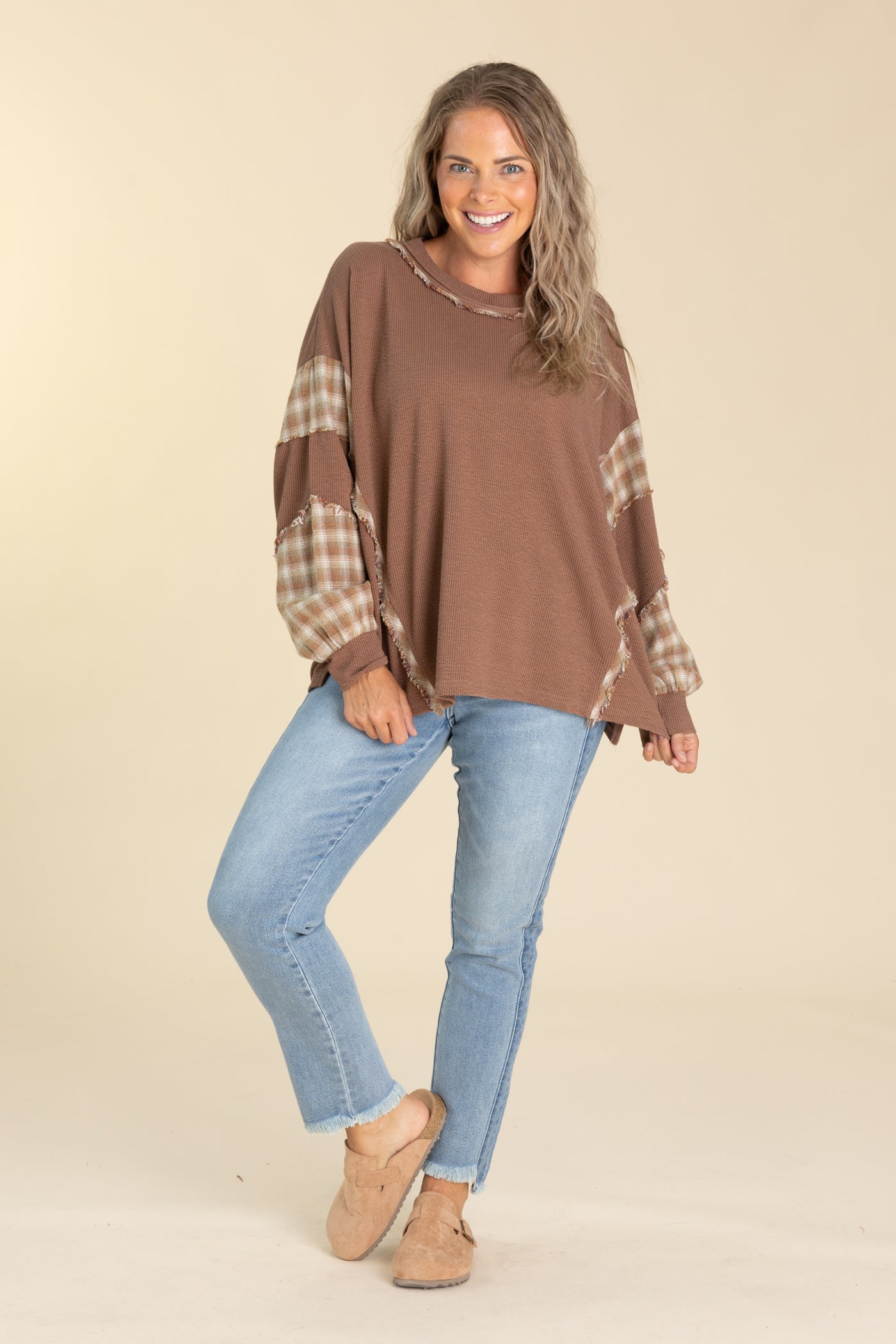 Mocha Plaid Mix Washed Thermal Knit Pullover
