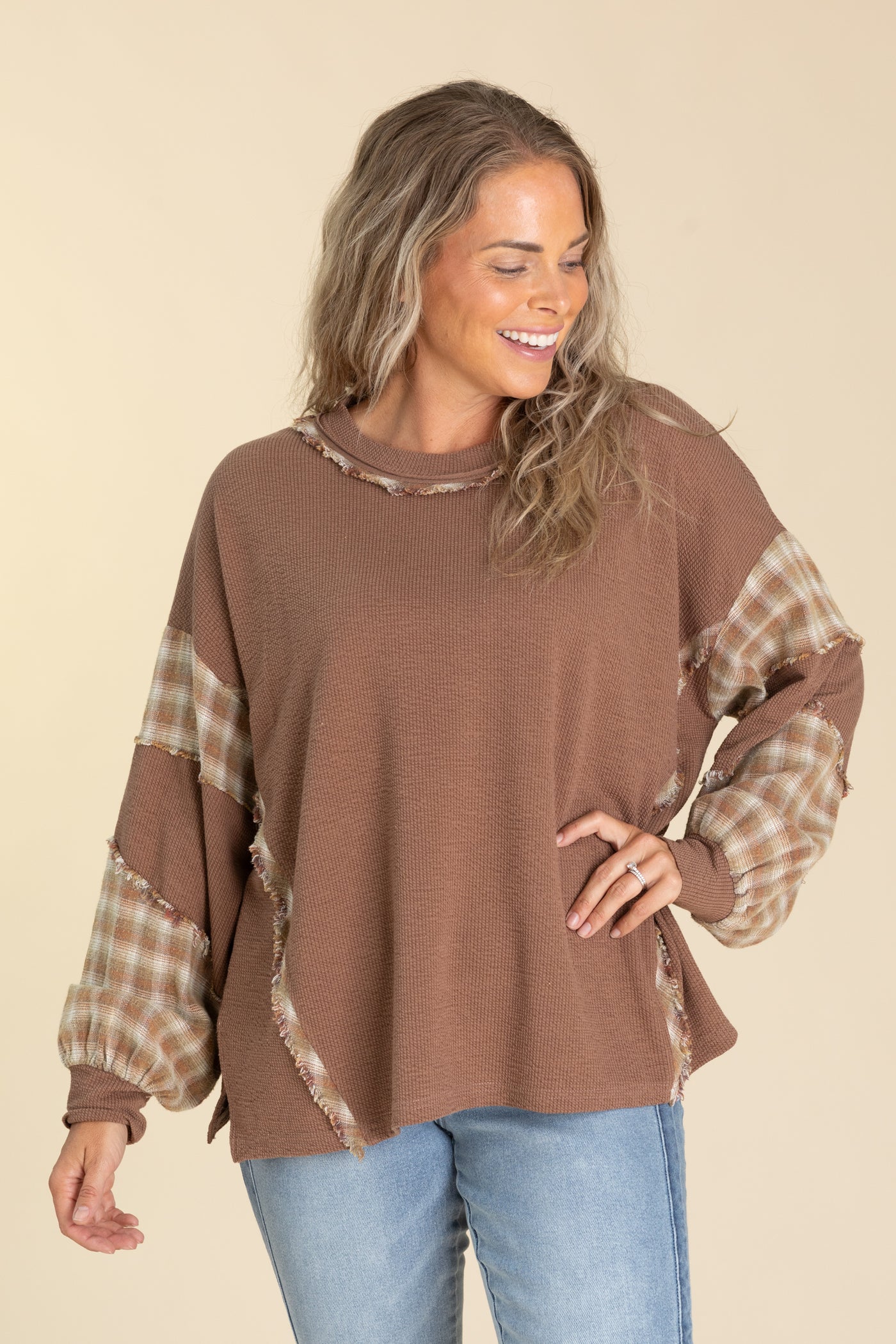Mocha Plaid Mix Washed Thermal Knit Pullover