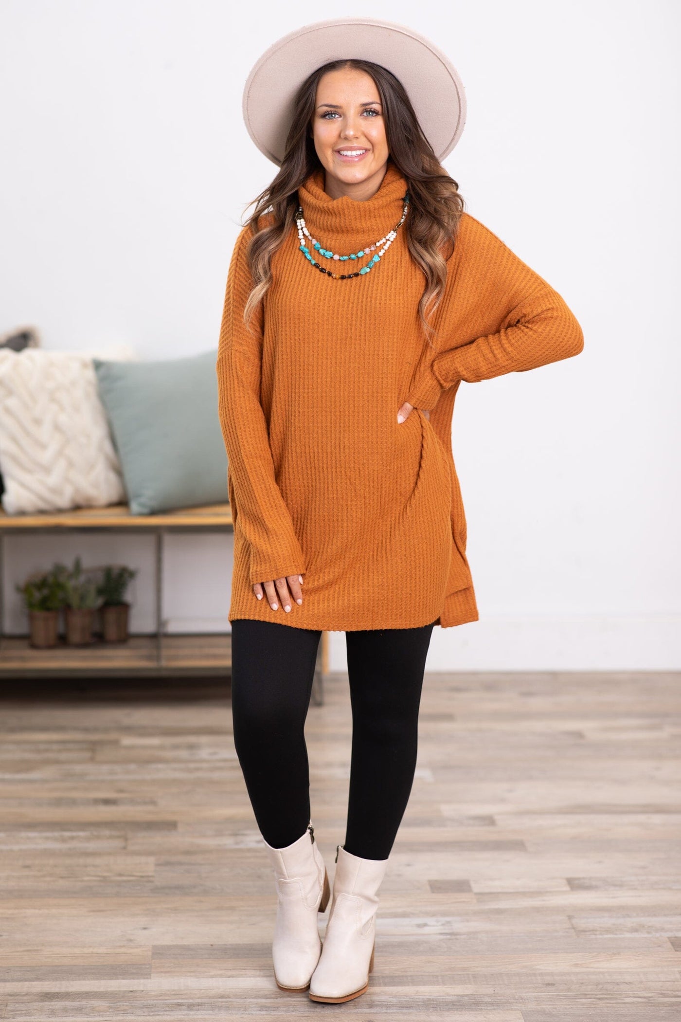 Cinnamon Waffle Knit Cowl Neck Top - Filly Flair