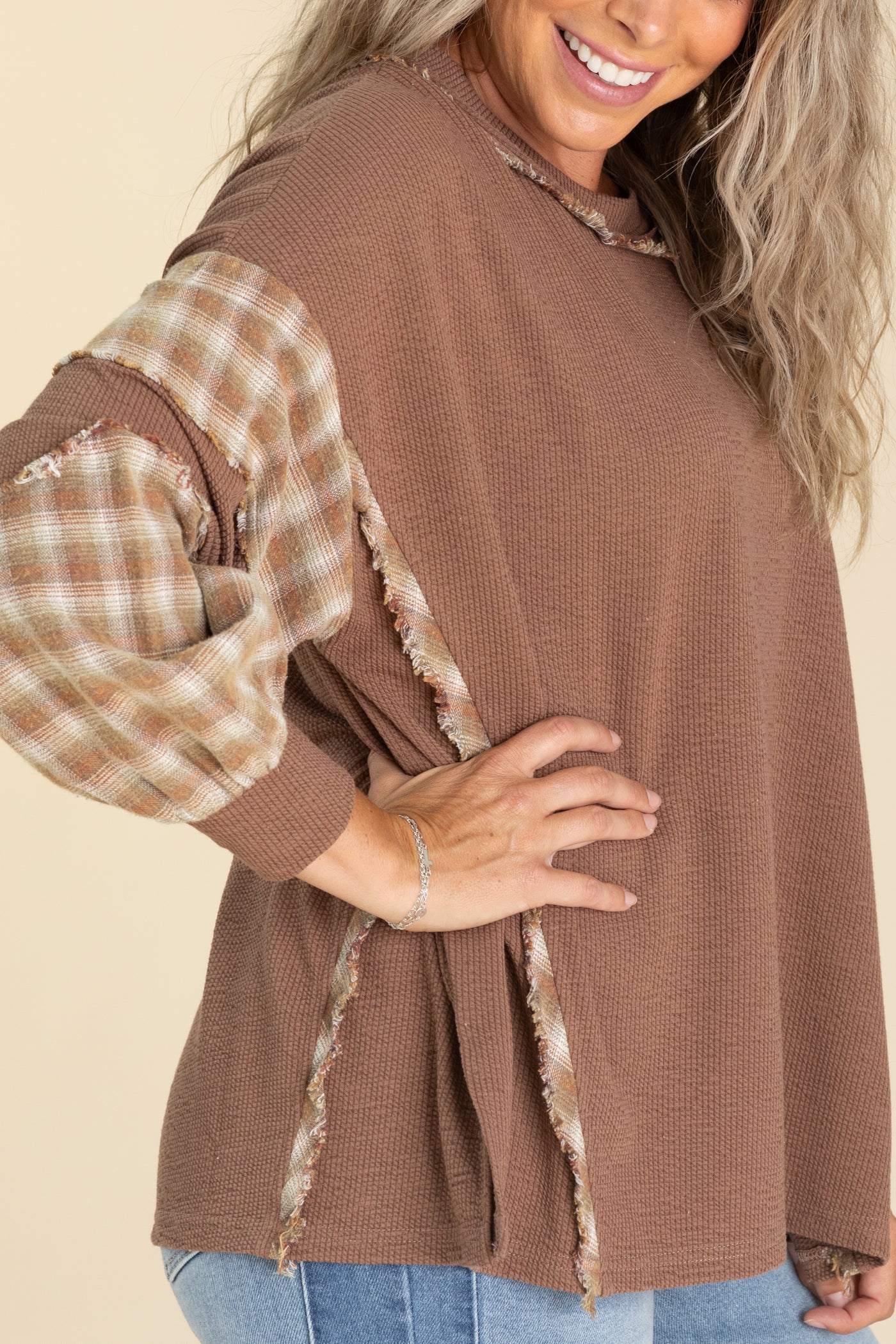 Mocha Plaid Mix Washed Thermal Knit Pullover