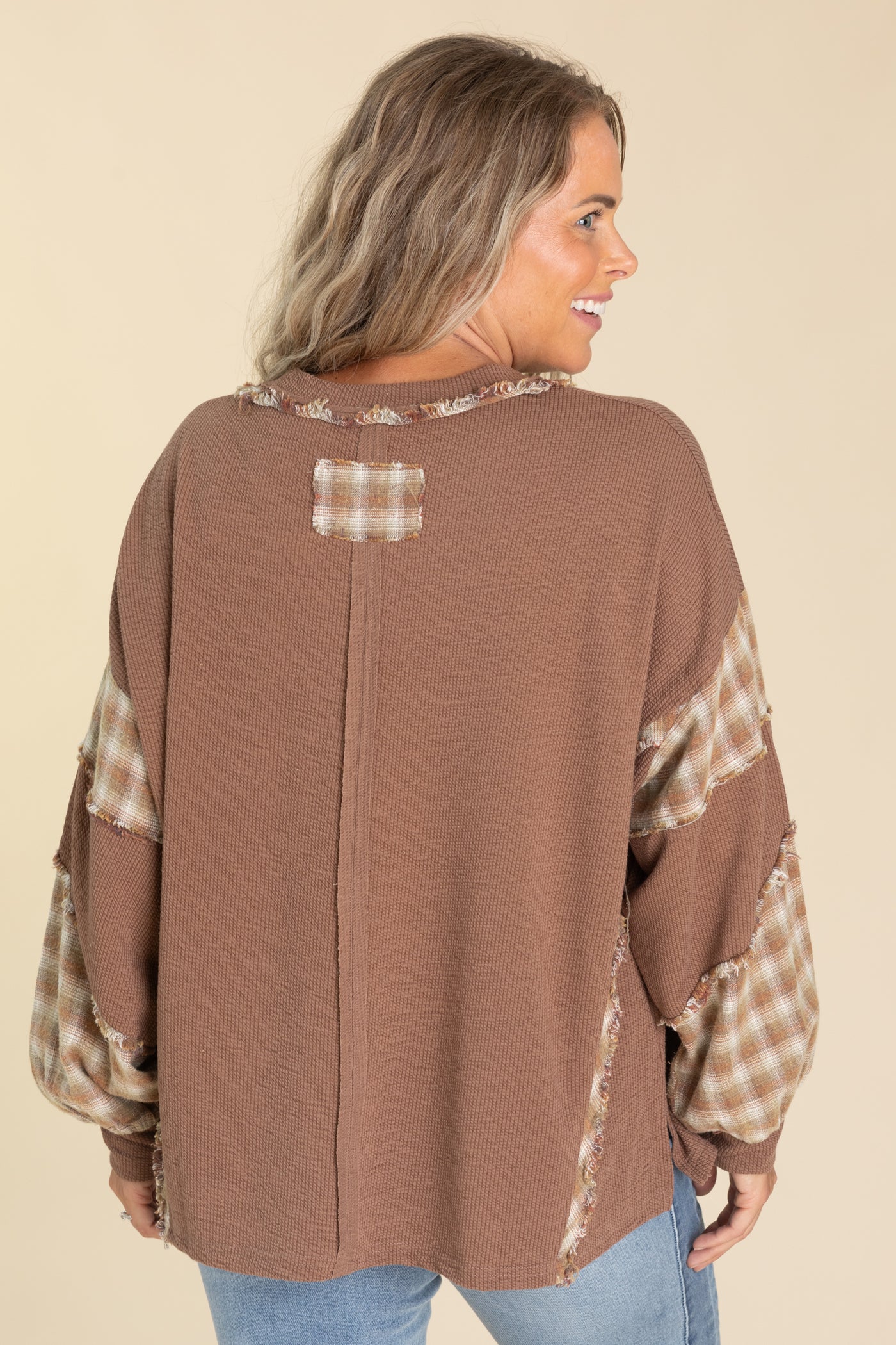 Mocha Plaid Mix Washed Thermal Knit Pullover