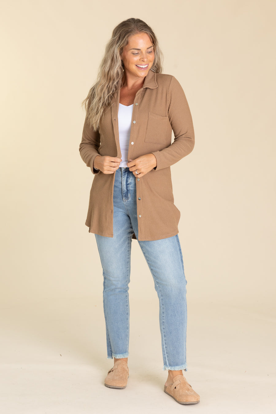 Mocha Ribbed Button Up Knit Shirt