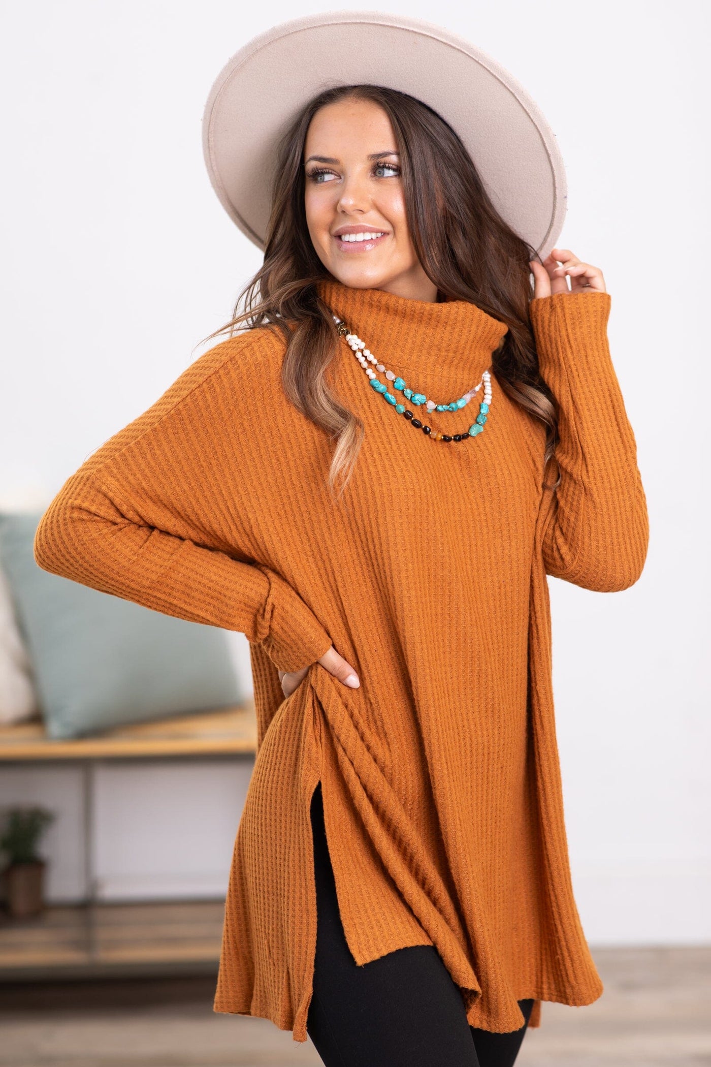 Cinnamon Waffle Knit Cowl Neck Top - Filly Flair