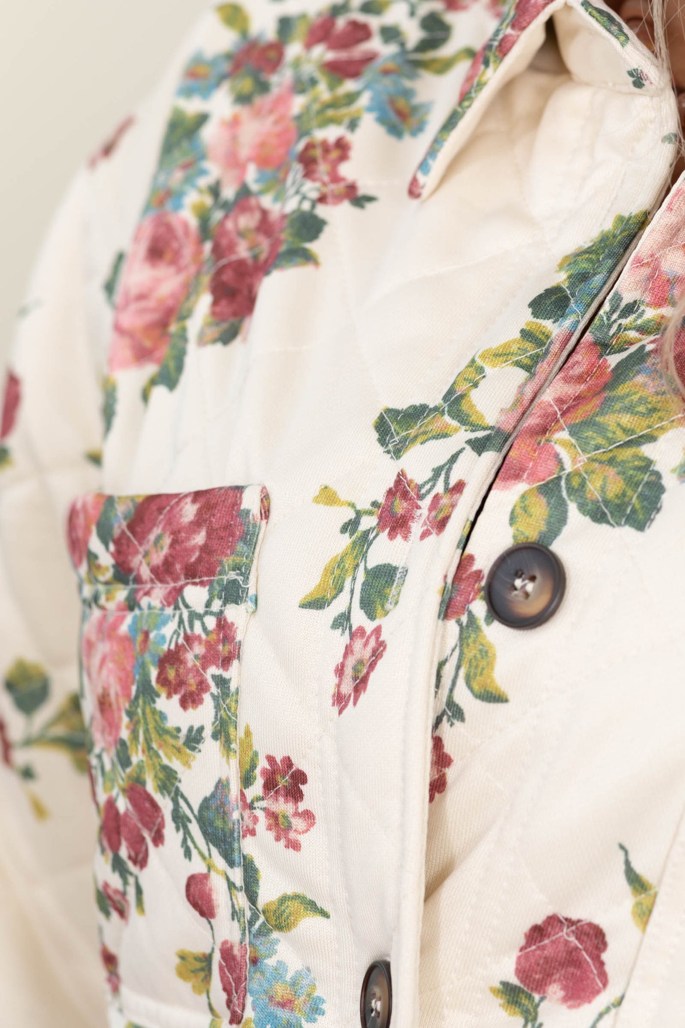 Ivory And Floral Quilted Button Down Shacket