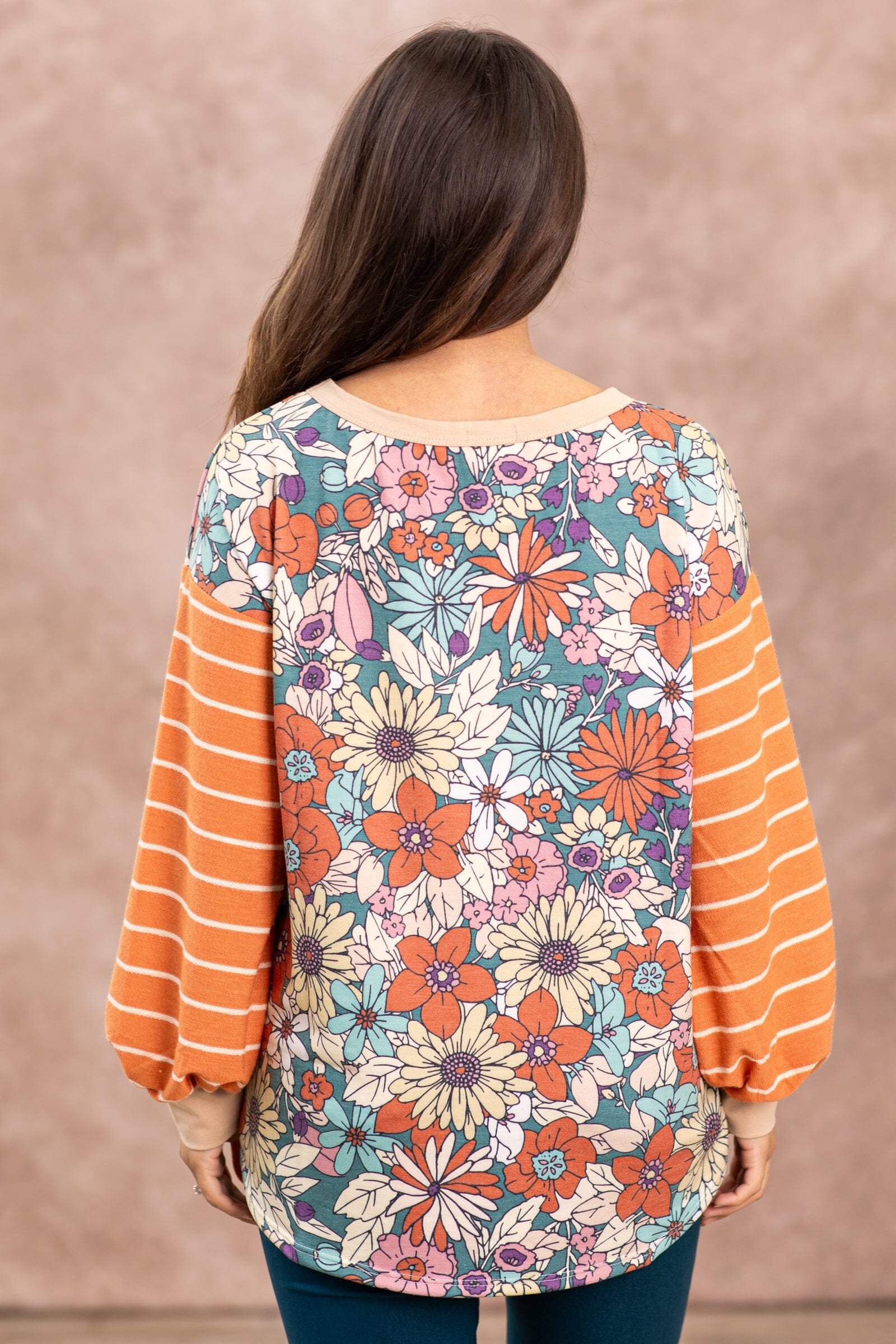 Turquoise Floral Print Top With Stripe Sleeves - Filly Flair