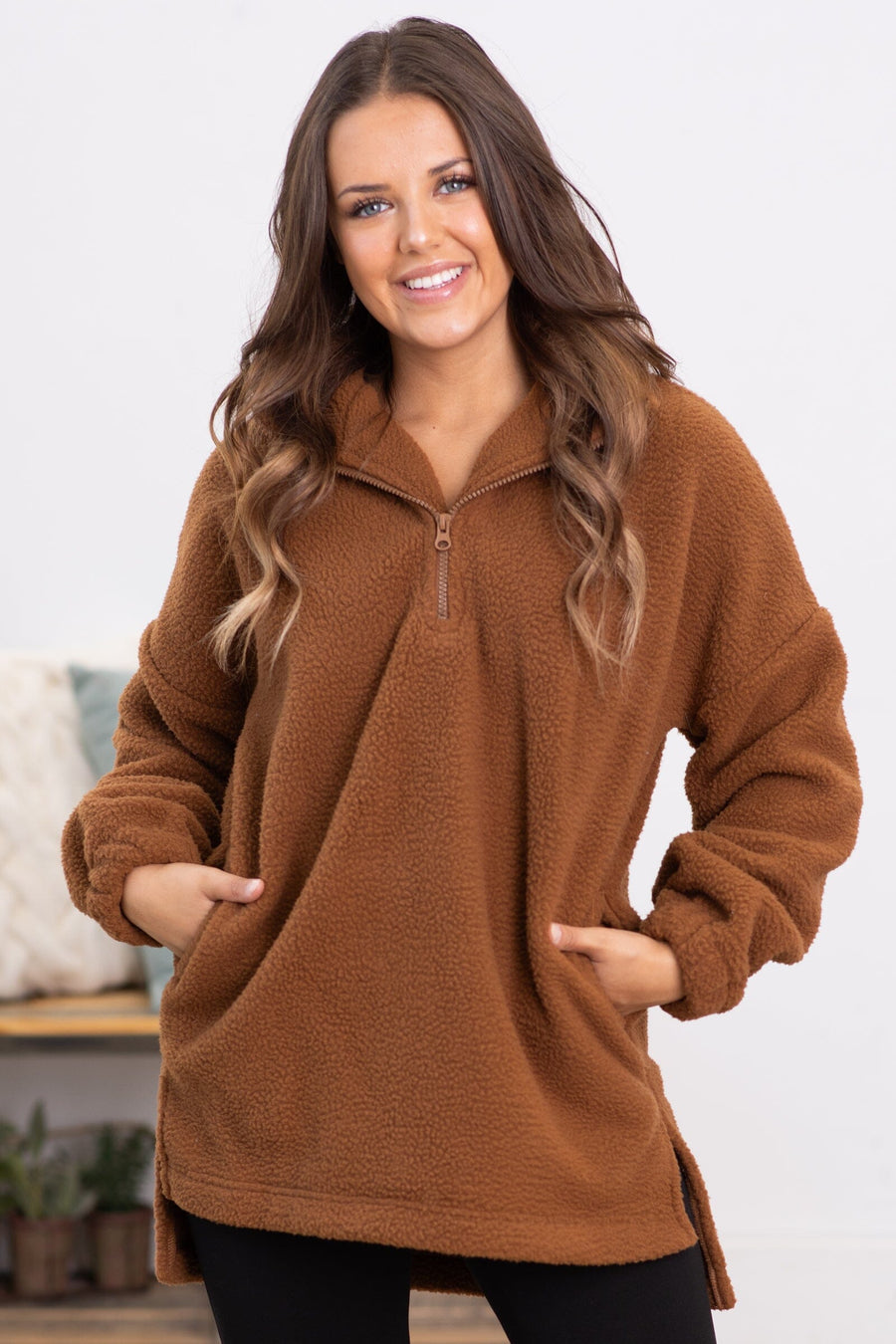 Dark Camel 1/4 Zip Sherpa Pullover - Filly Flair