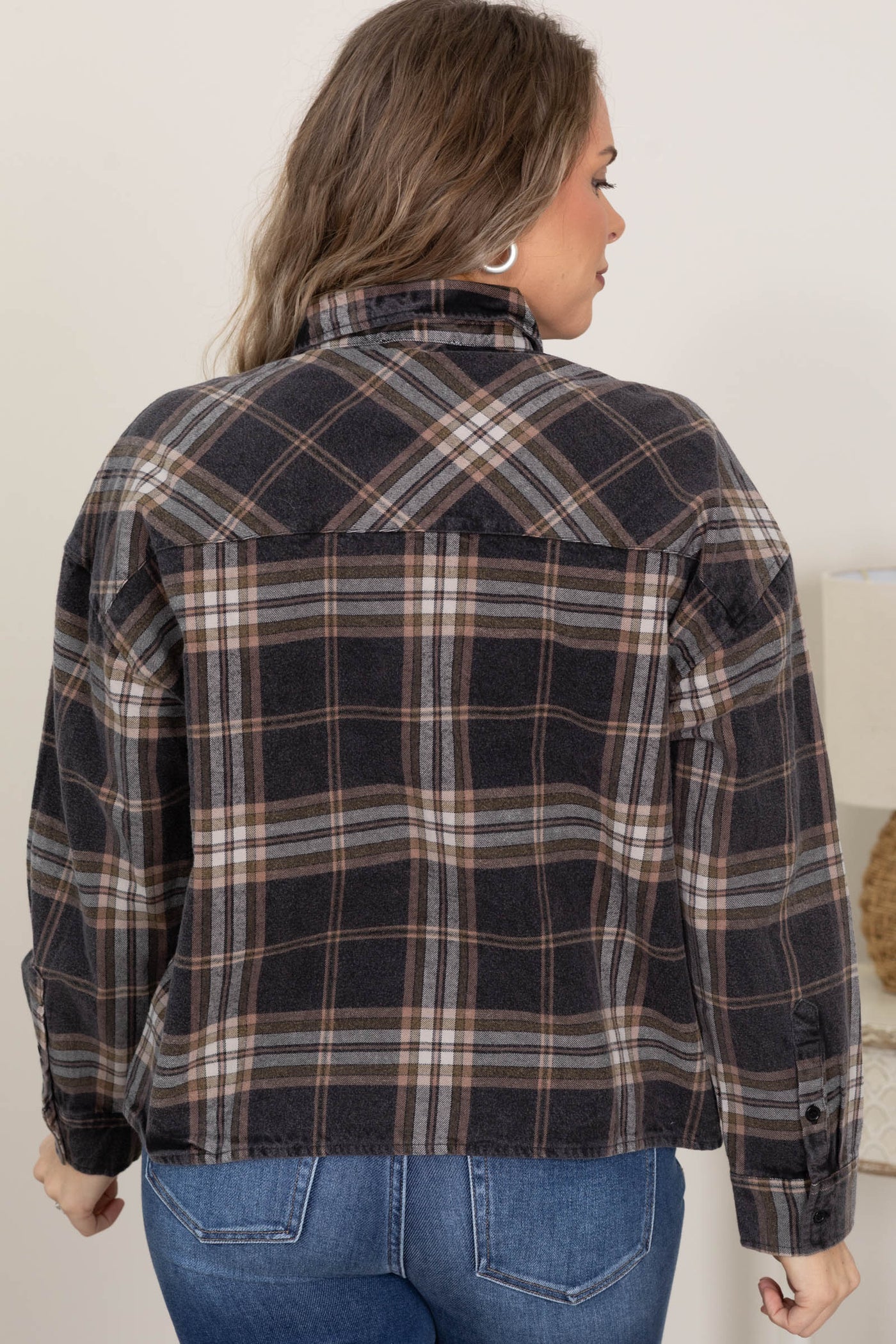 Plaid Boxy Button Down Tops