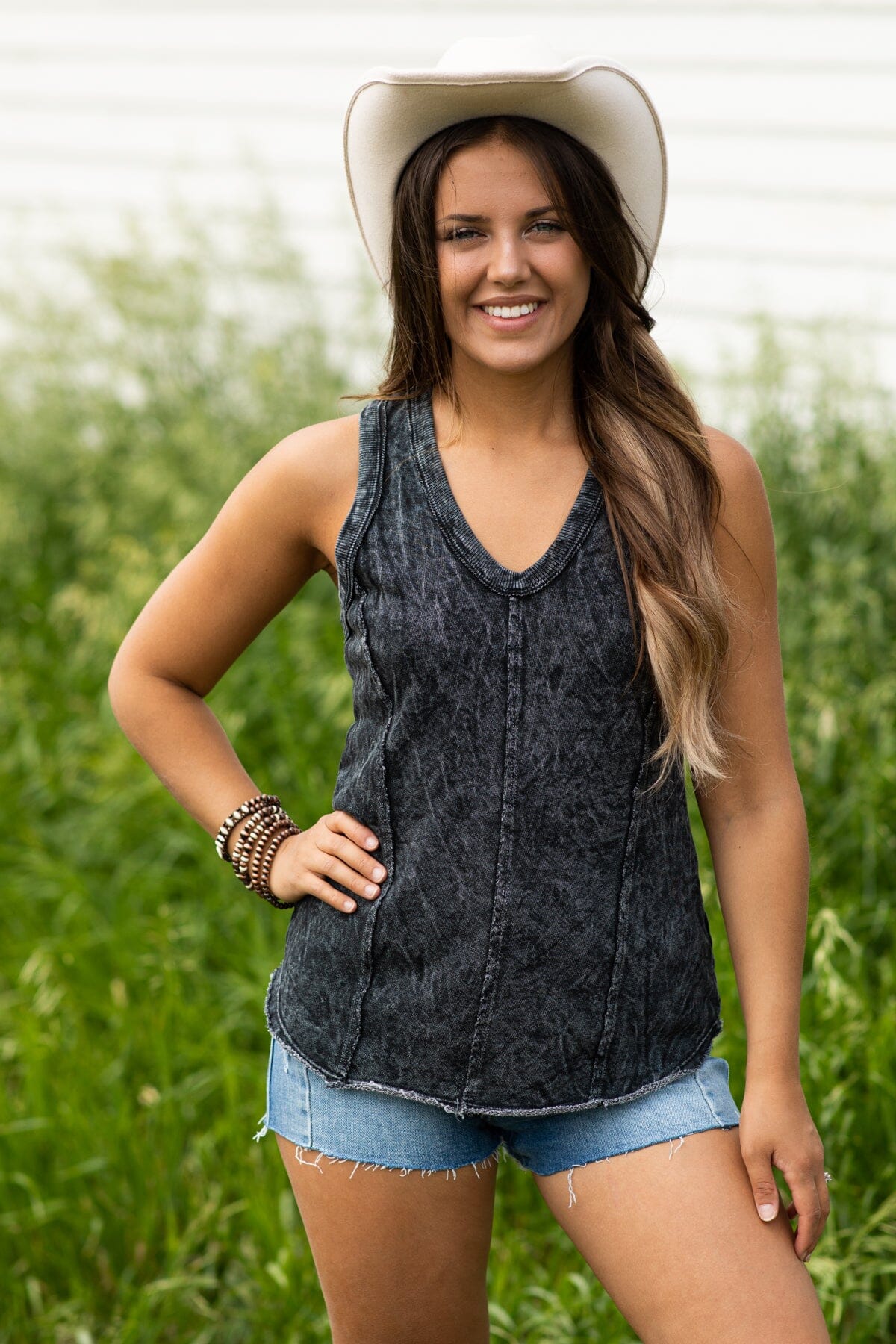 Charcoal Washed Racerback V-Neck Tank - Filly Flair