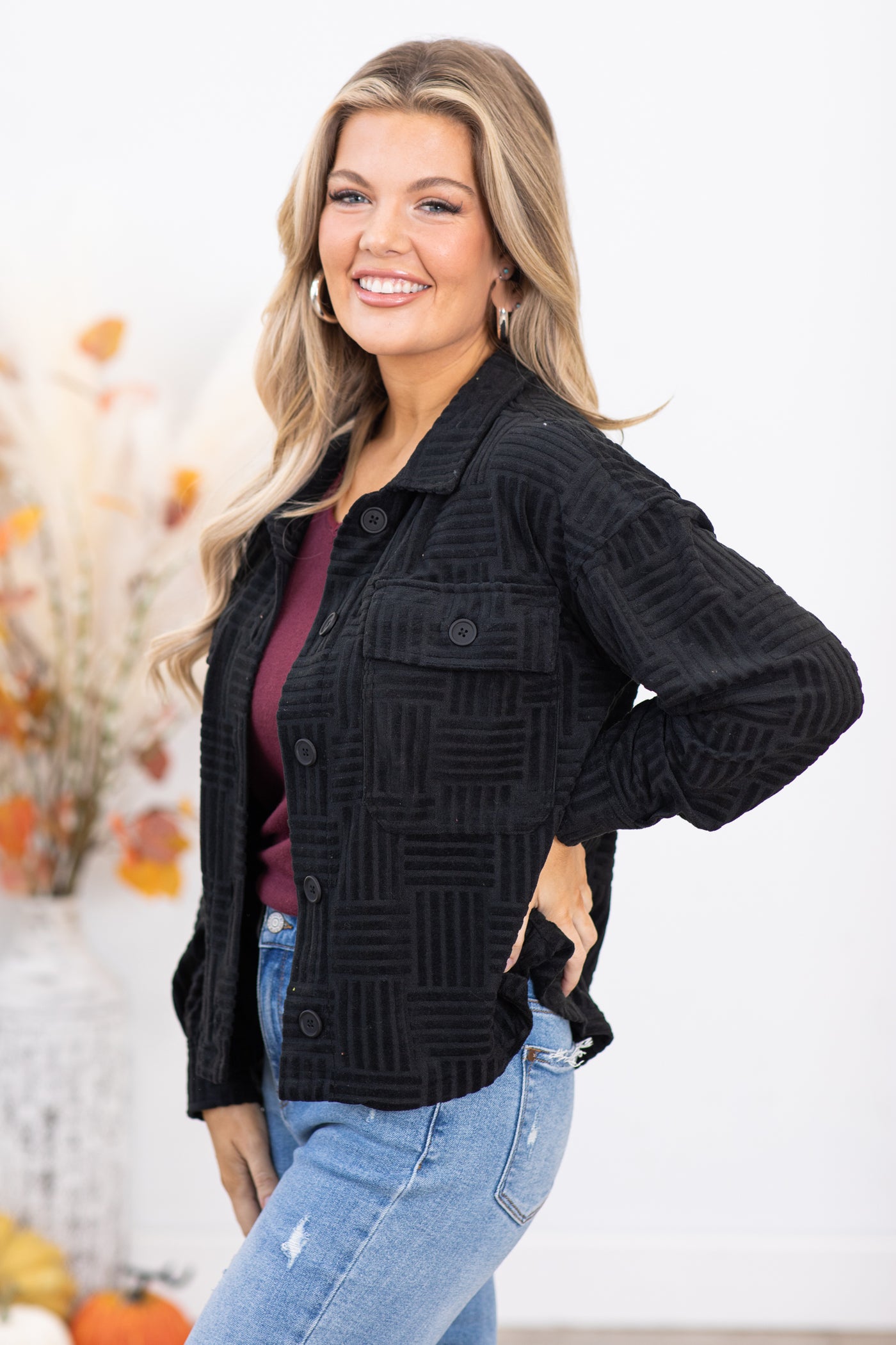 Black Textured Checkerboard Pattern Shacket · Filly Flair