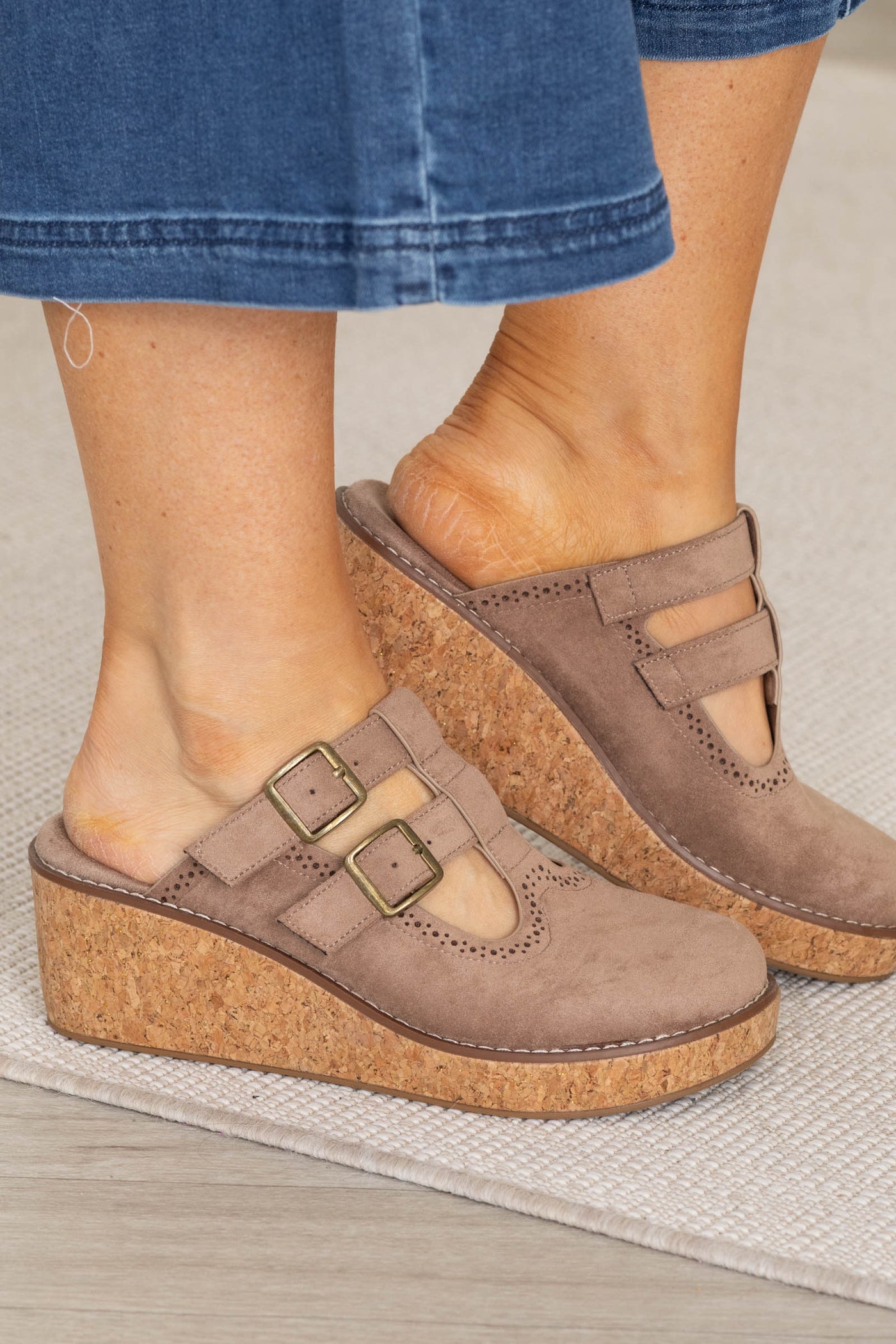 Taupe Wedge Clog With Double Buckles