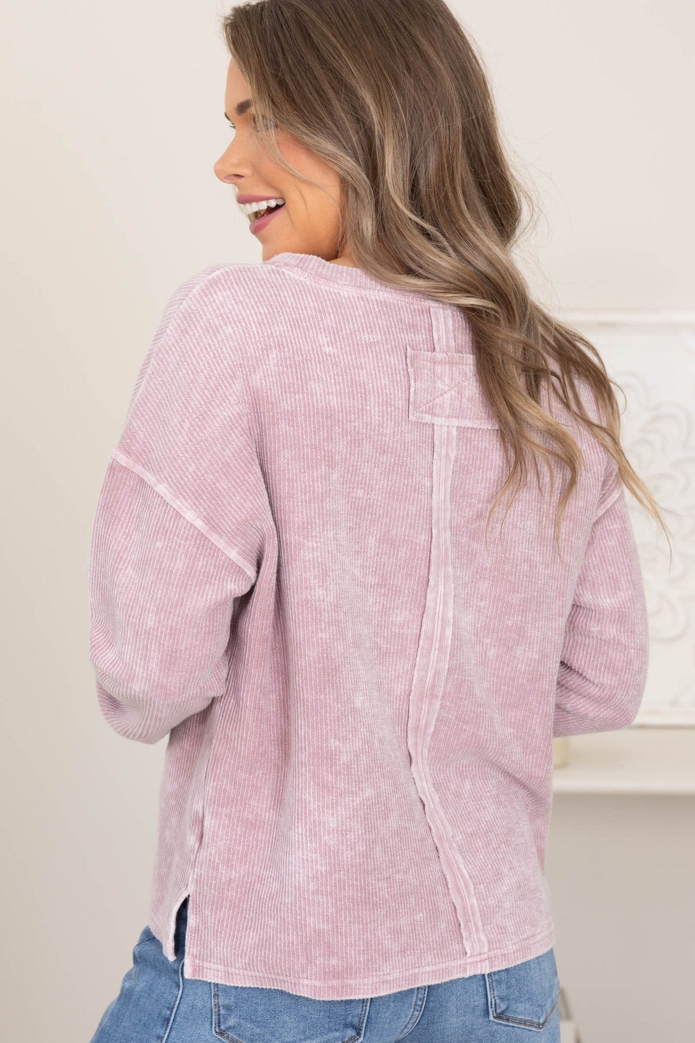 Washed Rib Knit Tops With Pocket