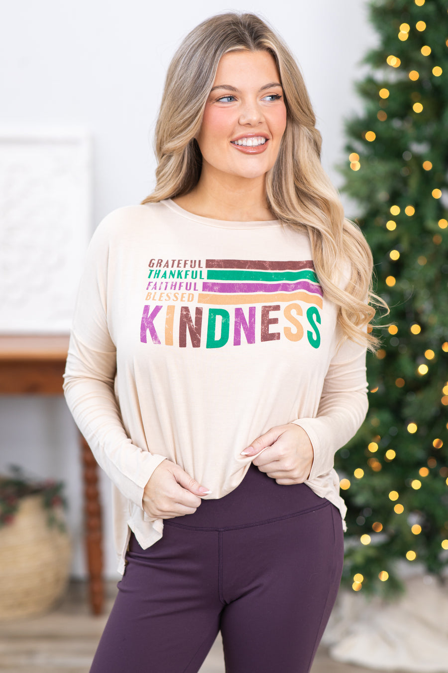 Beige Kindness Long Sleeve Graphic Tee