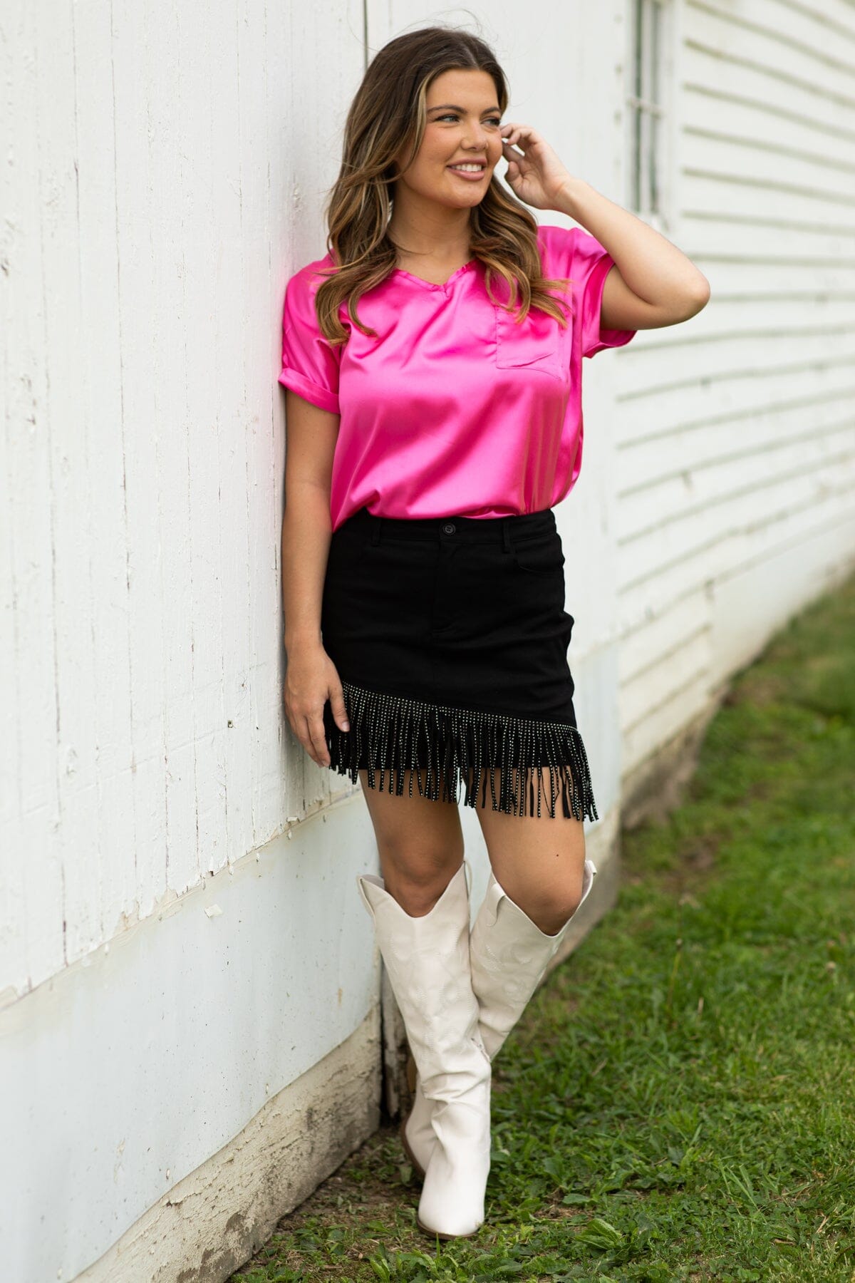 Hot Pink Silk Feel Top With Pocket - Filly Flair