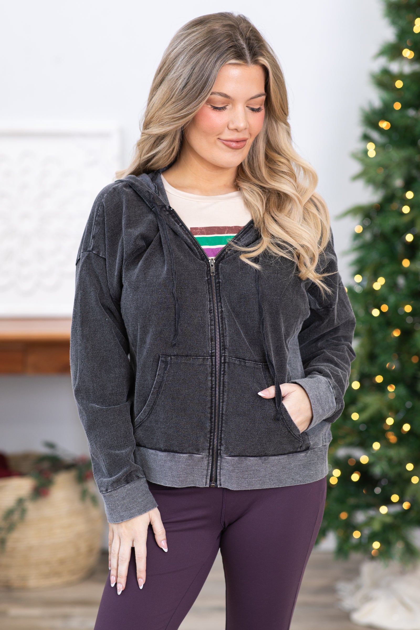 Charcoal Vintage Wash Zip Up Hoodie Jacket · Filly Flair