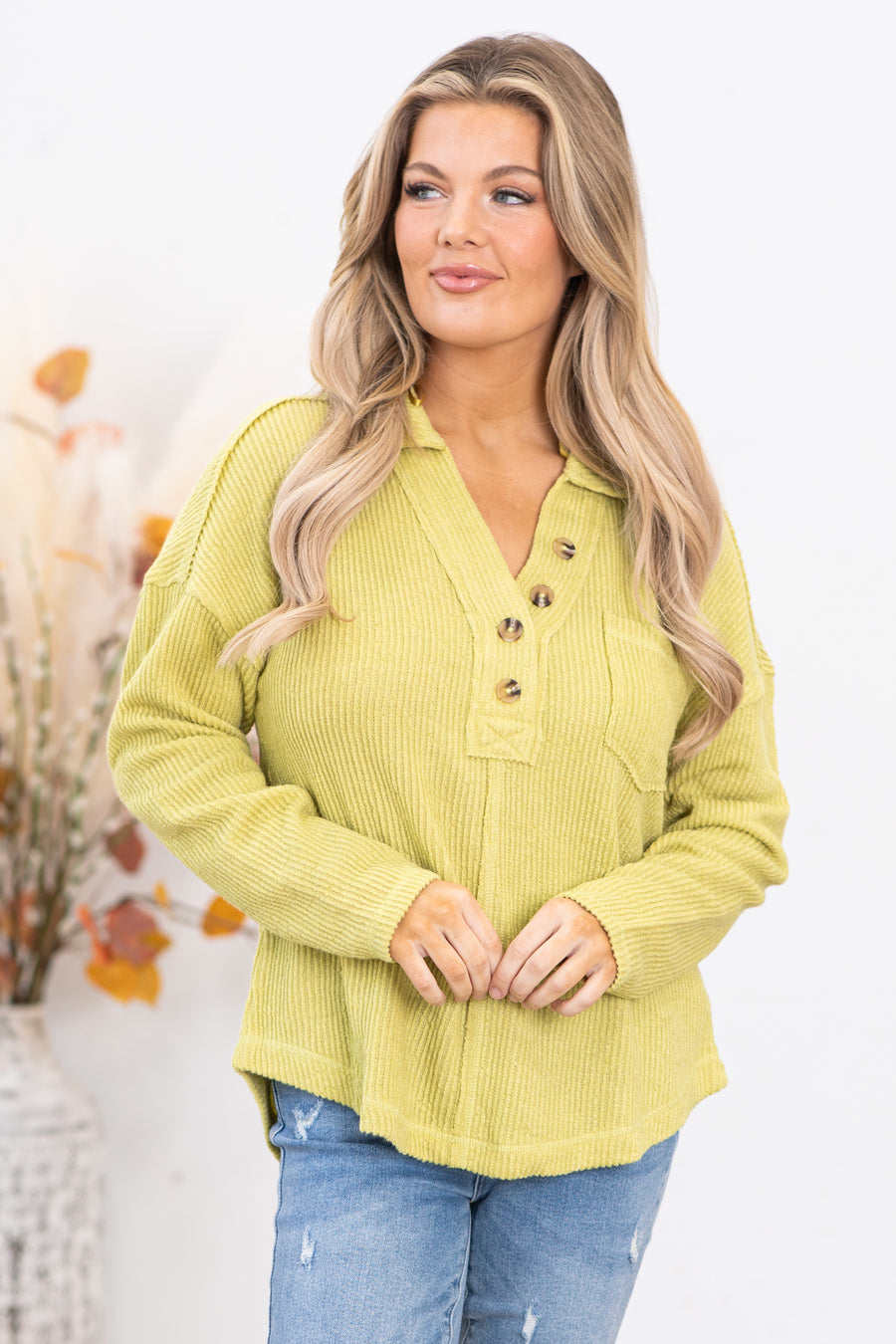 Light Olive Rib Knit Top With Collar
