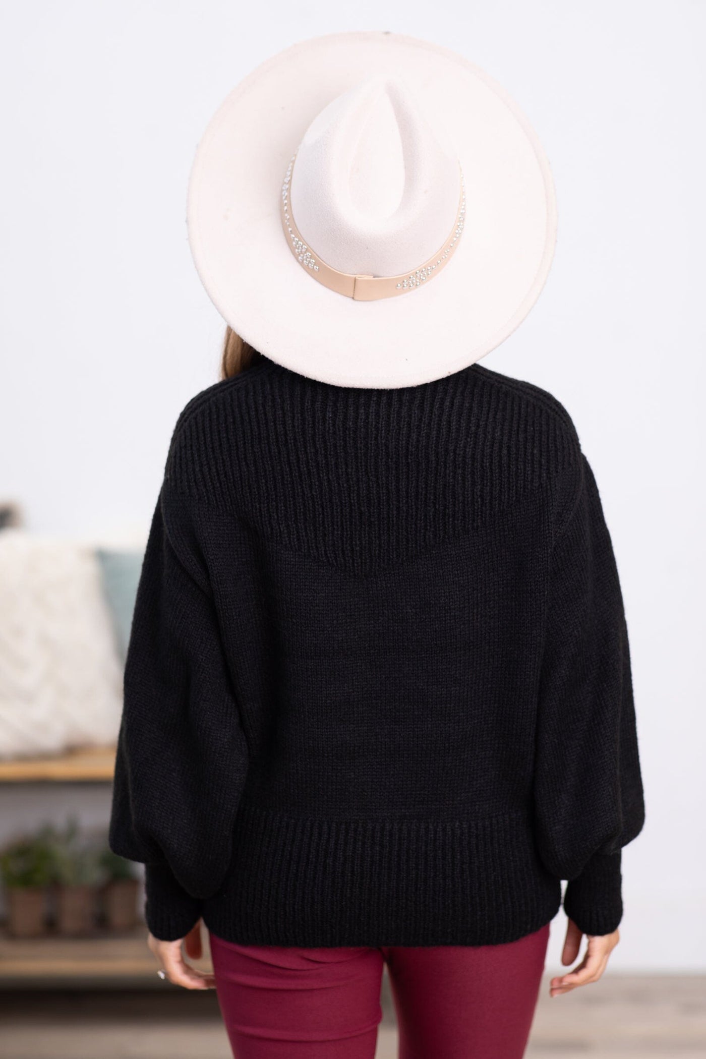 Black Balloon Sleeve Mock Neck Sweater - Filly Flair