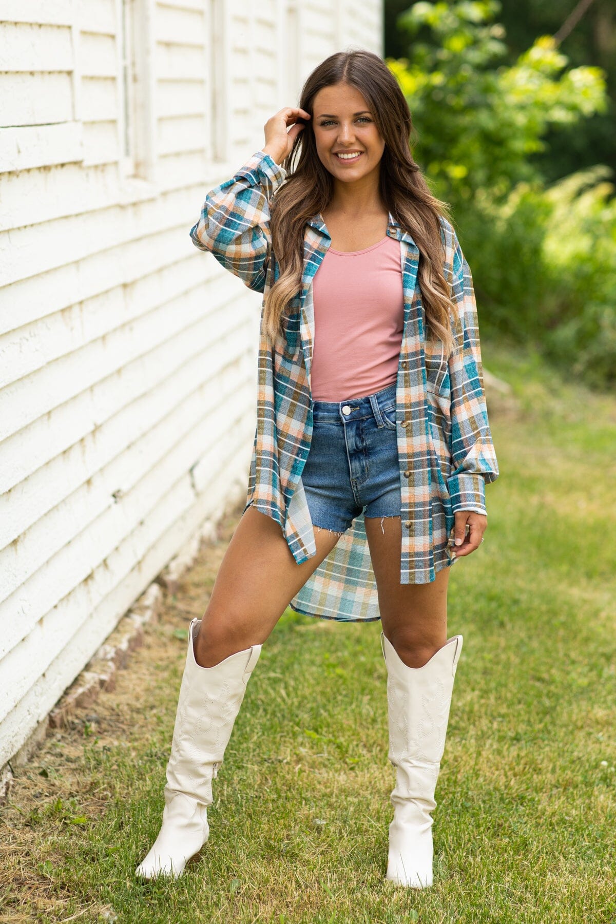 Teal and Peach Plaid Button Up Top - Filly Flair