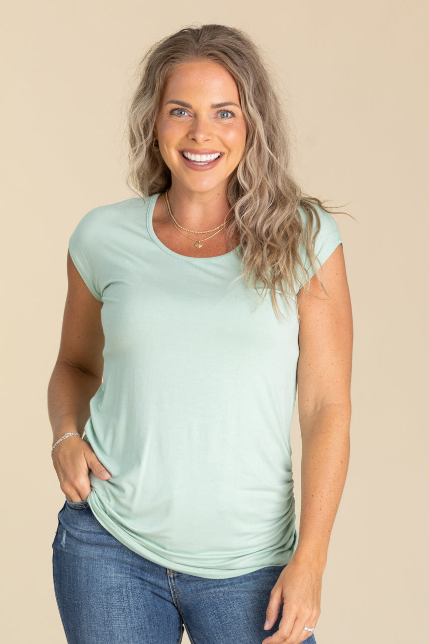 Solid Side Shirred Short Sleeve Knit Tees