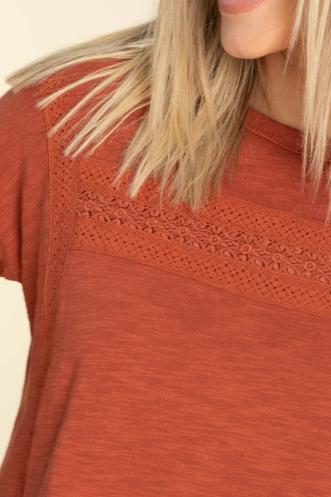 Burnt Orange Lace Detail Long Sleeve Knit Top