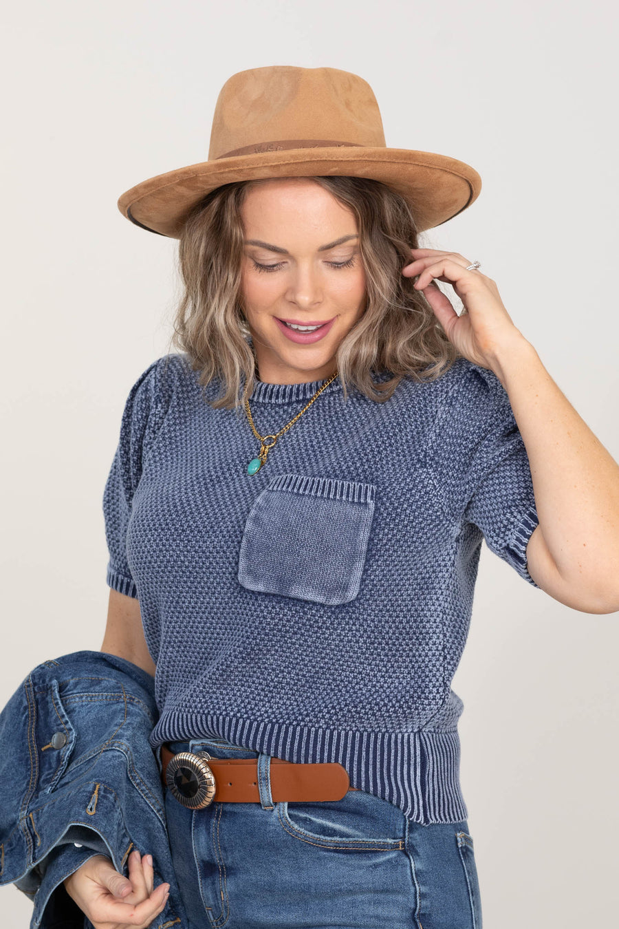 Denim Mineral Washed Short Sleeve Knit Sweater